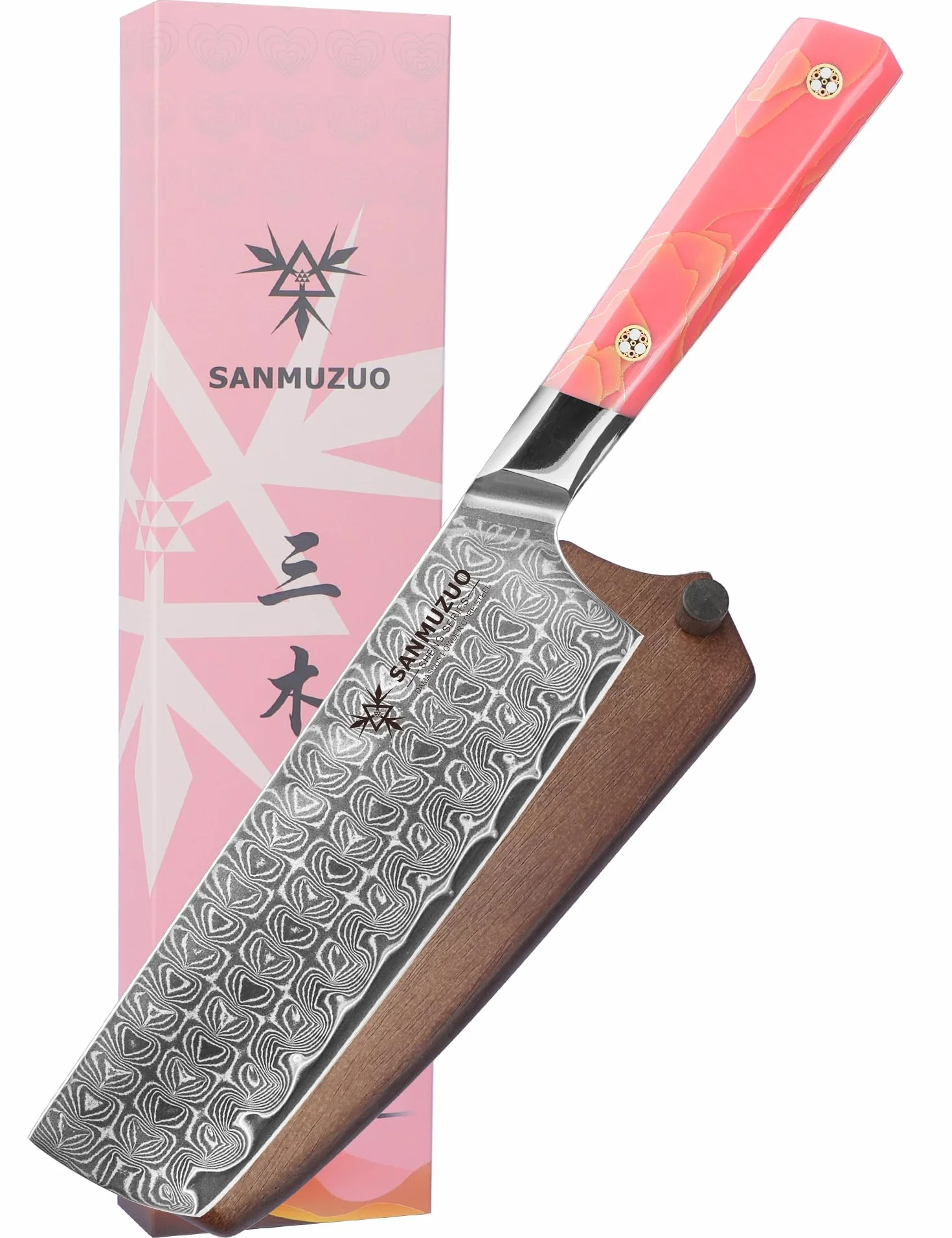 Couteau Nakiri 18 cm, couteau de cuisine professionnel, acier Damas ultra tranchant avec manche en résine pleine soie, série SHENG