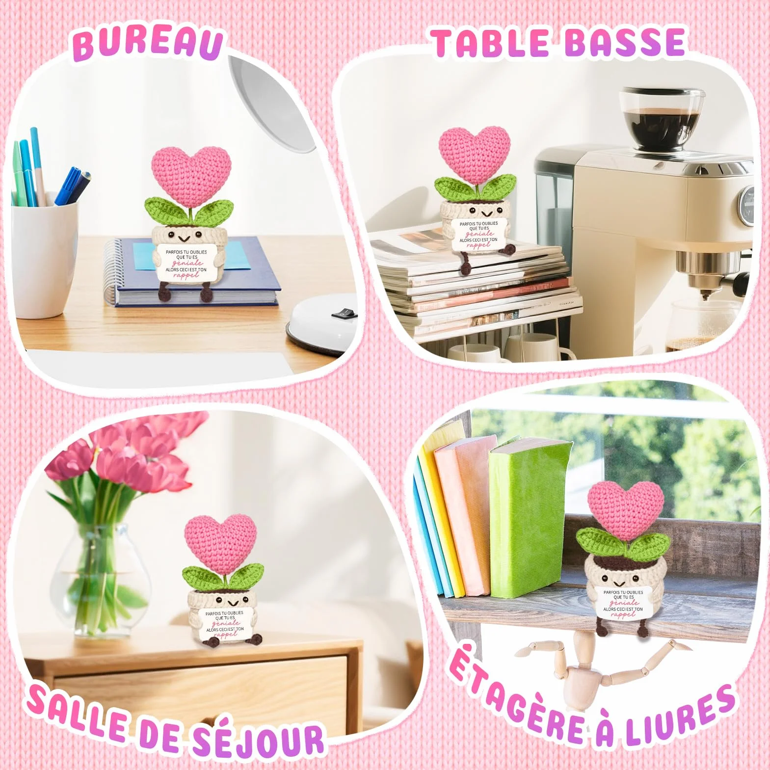 Cadeau Femme Anniversaire Décoration Forme Cœur Tricotée Rose Original pour Amie Soeur Maman
