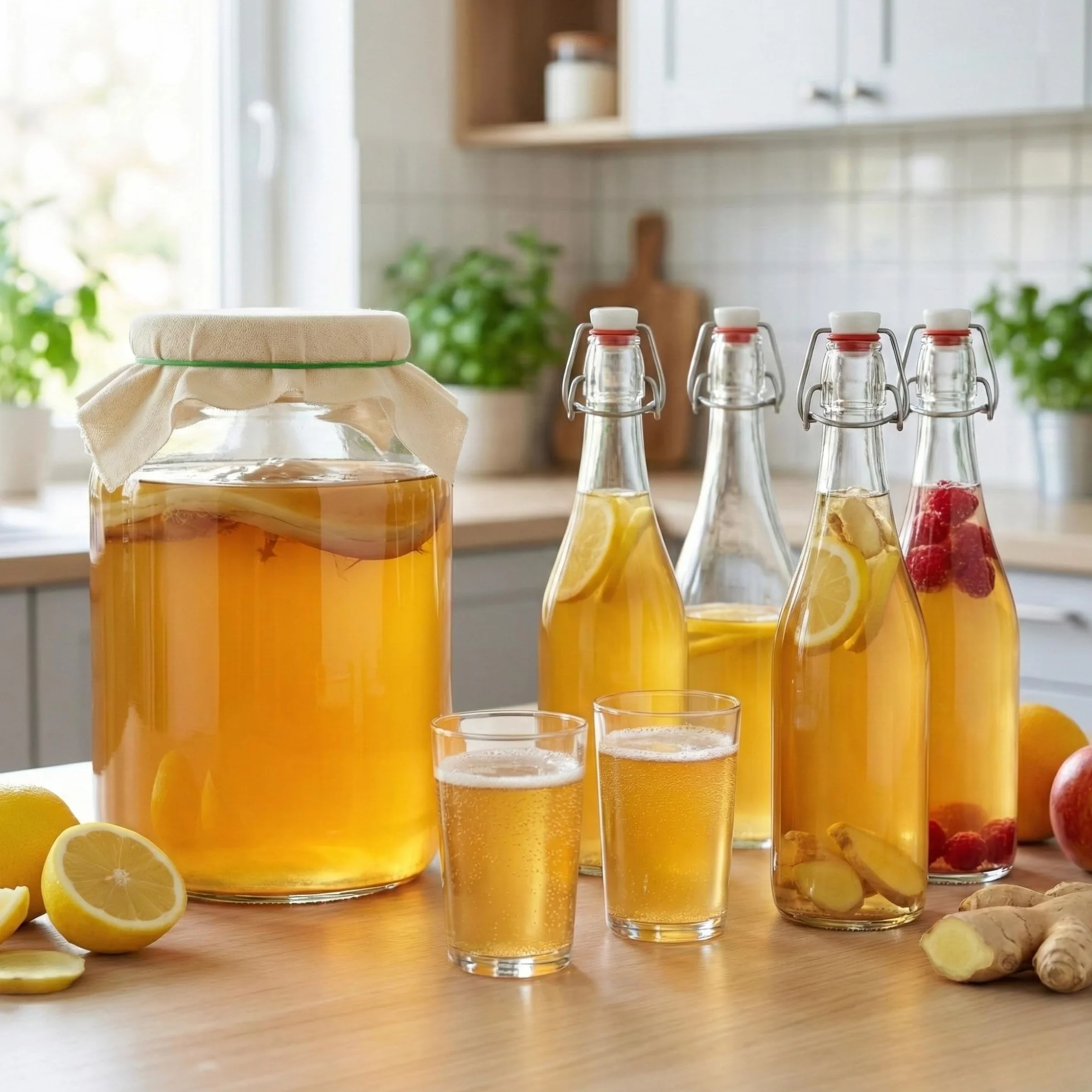 myFERMENTS Kit Préparation Boissons Probiotiques - Set de Fermentation pour Bière, Kefir - 6 Grands Bocaux en Verre de 4L, Bouteille de 750ml avec Joint Hermétique, Entonnoir 10cm, Tissu Mousseline