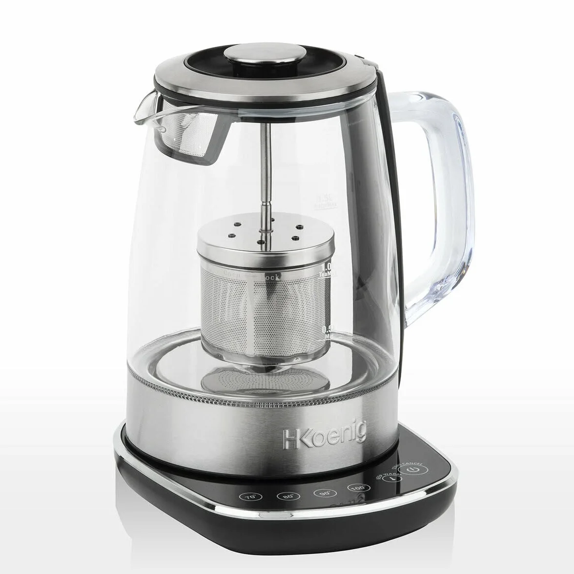H.Koenig Théière Bouilloire Instant T électrique en Verre 1.5L TI600 avec Infuseur filtre à Thé Inox 2200W Compacte, Ebullition rapide, Thermostat Réglable 70° à 100°C, Maintien au chaud, 2couvercles