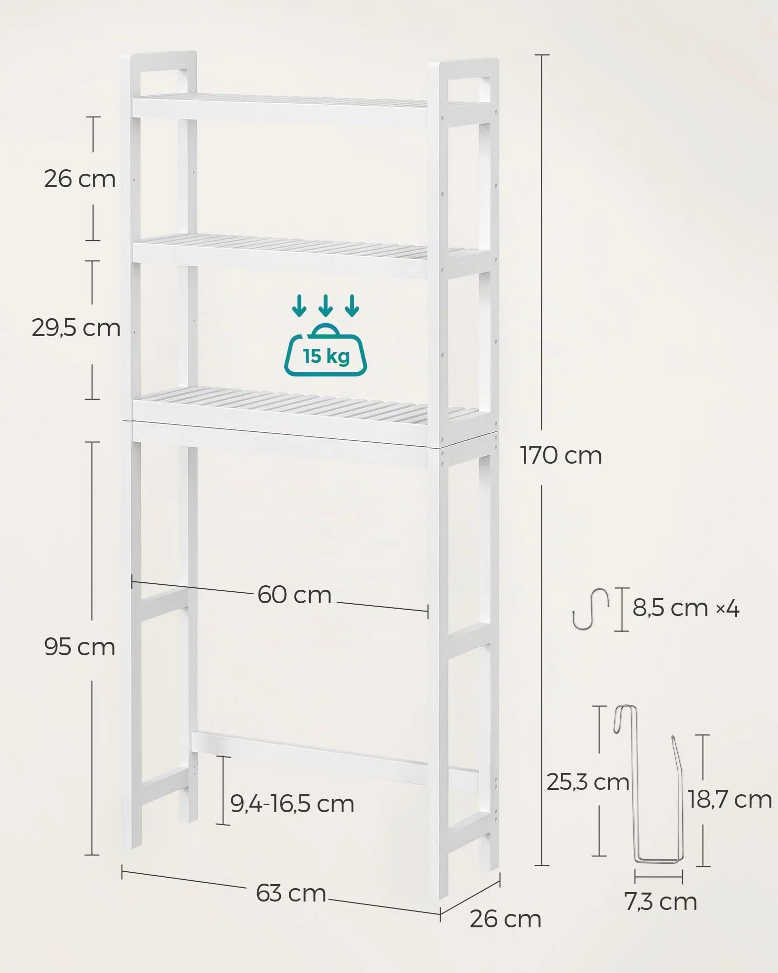 SONGMICS Étagère WC, Rangement au-Dessus des Toilettes, 3 Niveaux, avec Étagère Réglable, Convient à la Plupart des Toilettes, Gain de Place, Montage Facile, Blanc Nuage BTS01WT