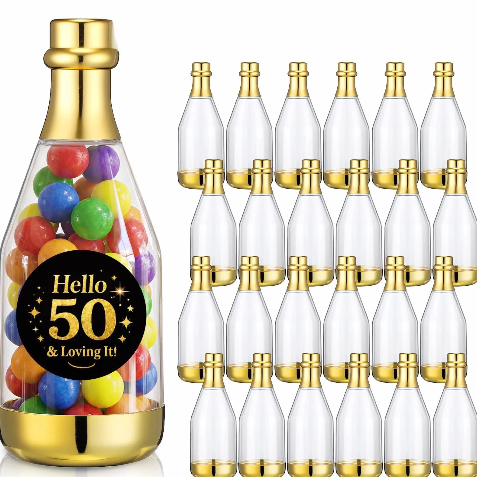 Domensi Lot de 24 mini bouteilles de champagne dorées pour 50e anniversaire avec 24 autocollants, décorations de fête de 50e anniversaire, petits récipients à friandises pour bonbons et bonbons, noir