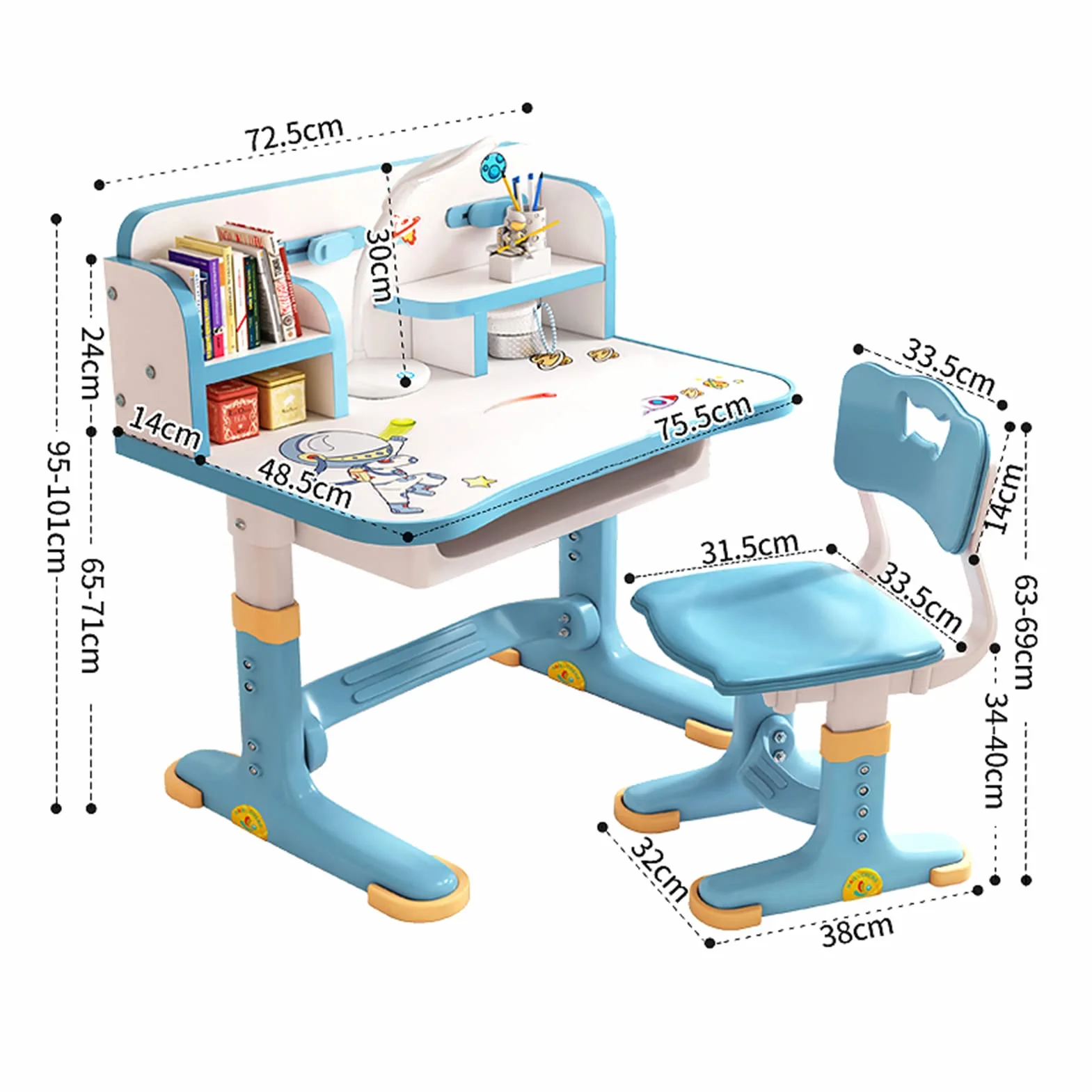 Bureau avec chaise pour enfants de 3 à 12 ans, réglable en hauteur, bureau fonctionnel et ensemble chaise – Panneau dense, distance dorée, séparation scientifique, école pour enfants