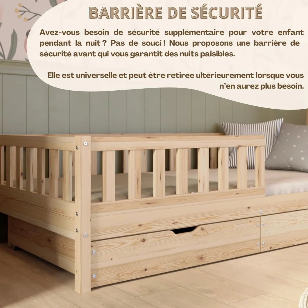 Lit Enfant avec Tiroirs 190x90 cm – Montessori au Sol en Bois Massif avec Barrière – Sécurisé pour Tout-Petit – Design Scandinave, Montage Facile - Crazy Basic