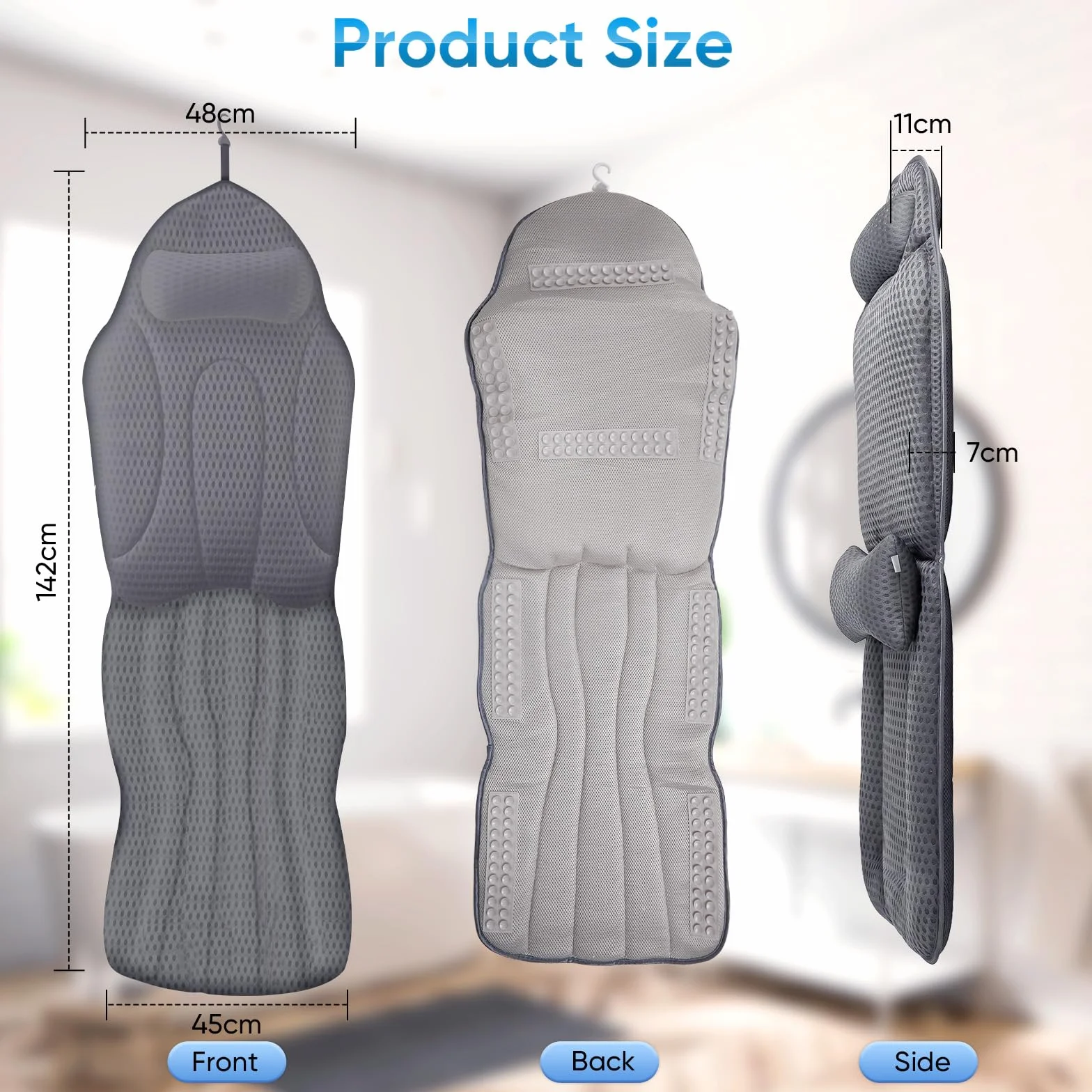 Coussin de bain Full Body avec coussin lombaire - Canapé de bain en maille 5D douce - Avec ventouses et appui-tête - 142 x 48 cm - Gris
