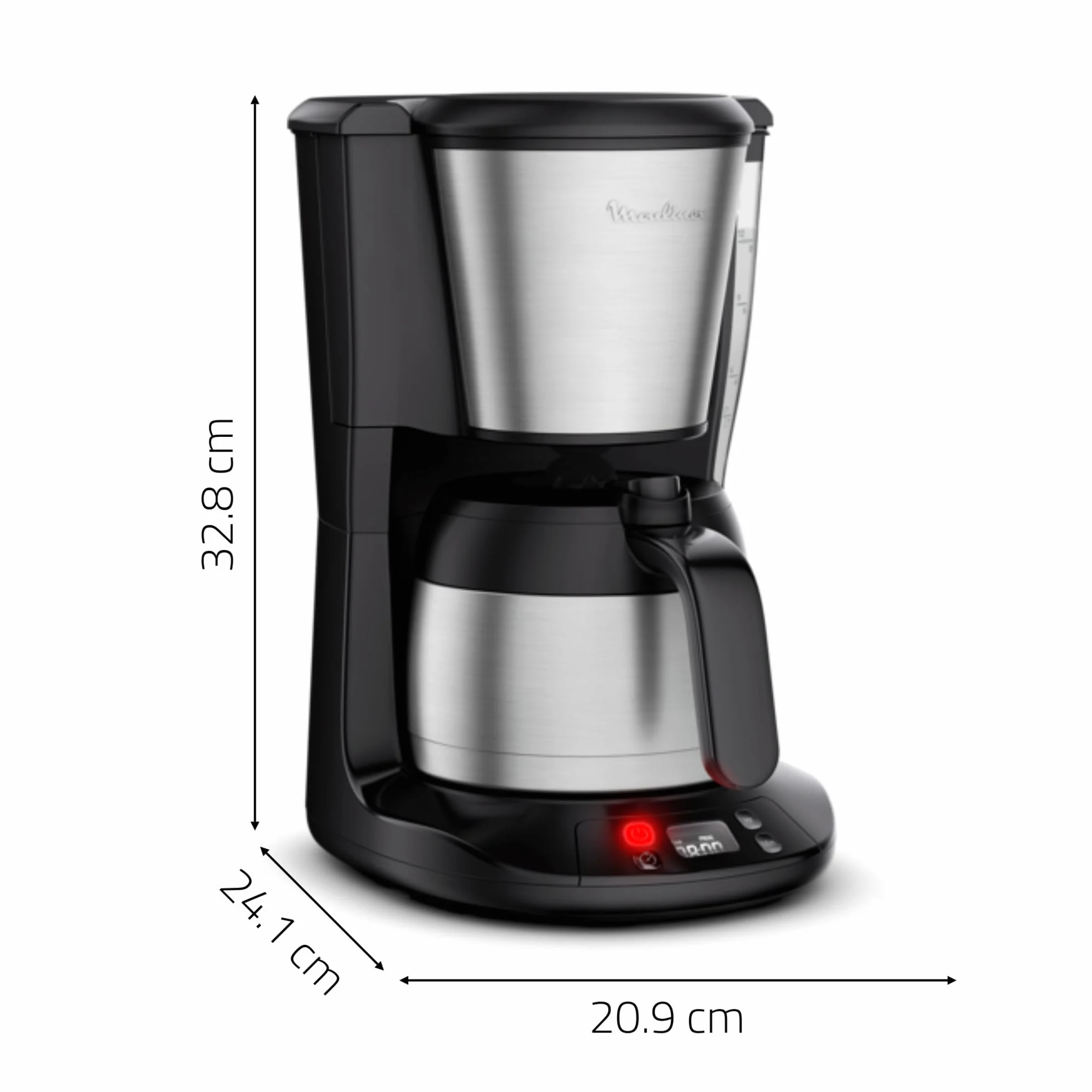 Moulinex Subito, Cafetière filtre programmable avec verseuse isotherme, Capacité de 0,9 L, 12 tasses, Noir et Inox, FT5S2DE0
