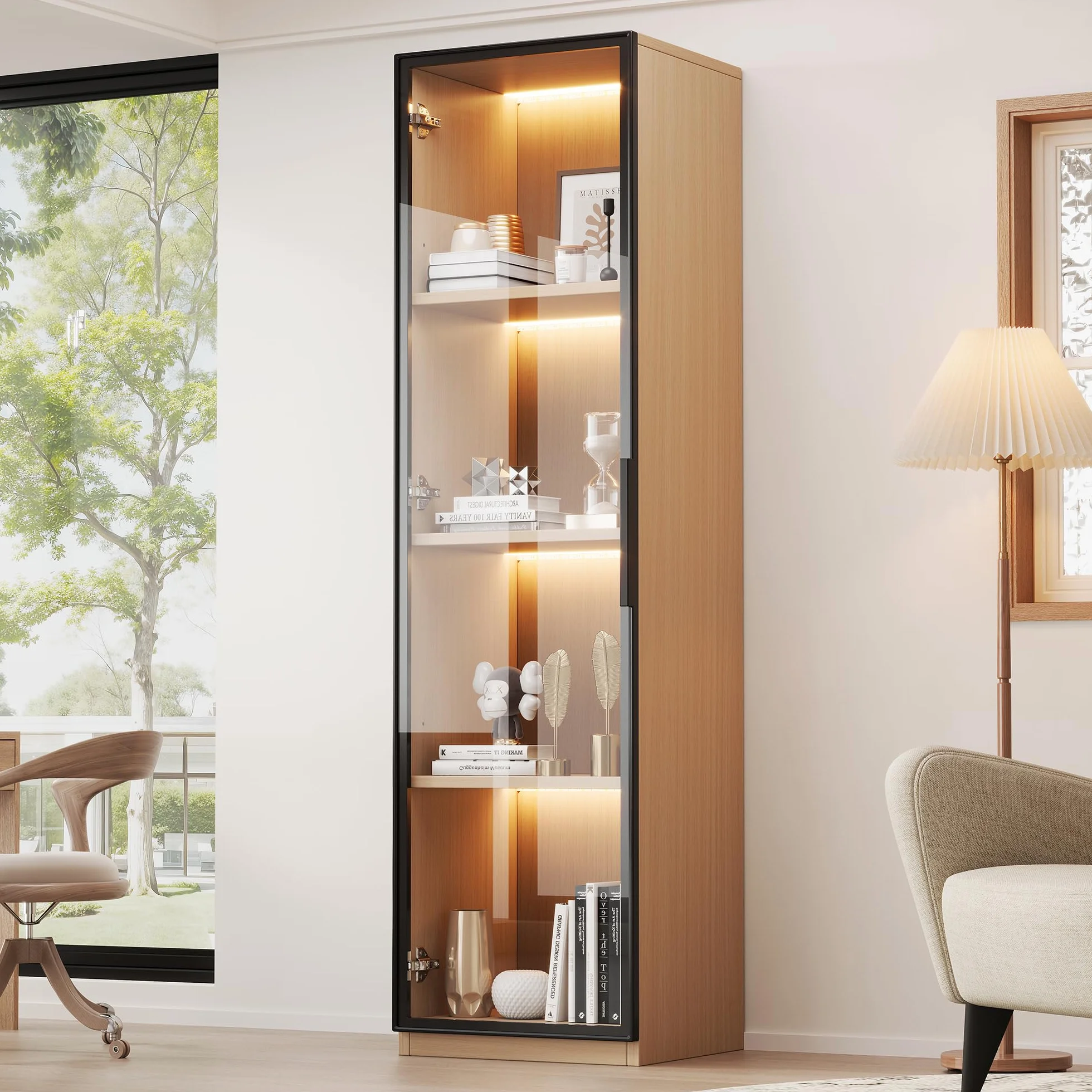 Merax Vitrine avec porte en verre 40×40×165 cm, meuble haut étroit en MDF aspect chêne, avec verre trempé, LED, meuble d'exposition pour salon bureau, couleur bois
