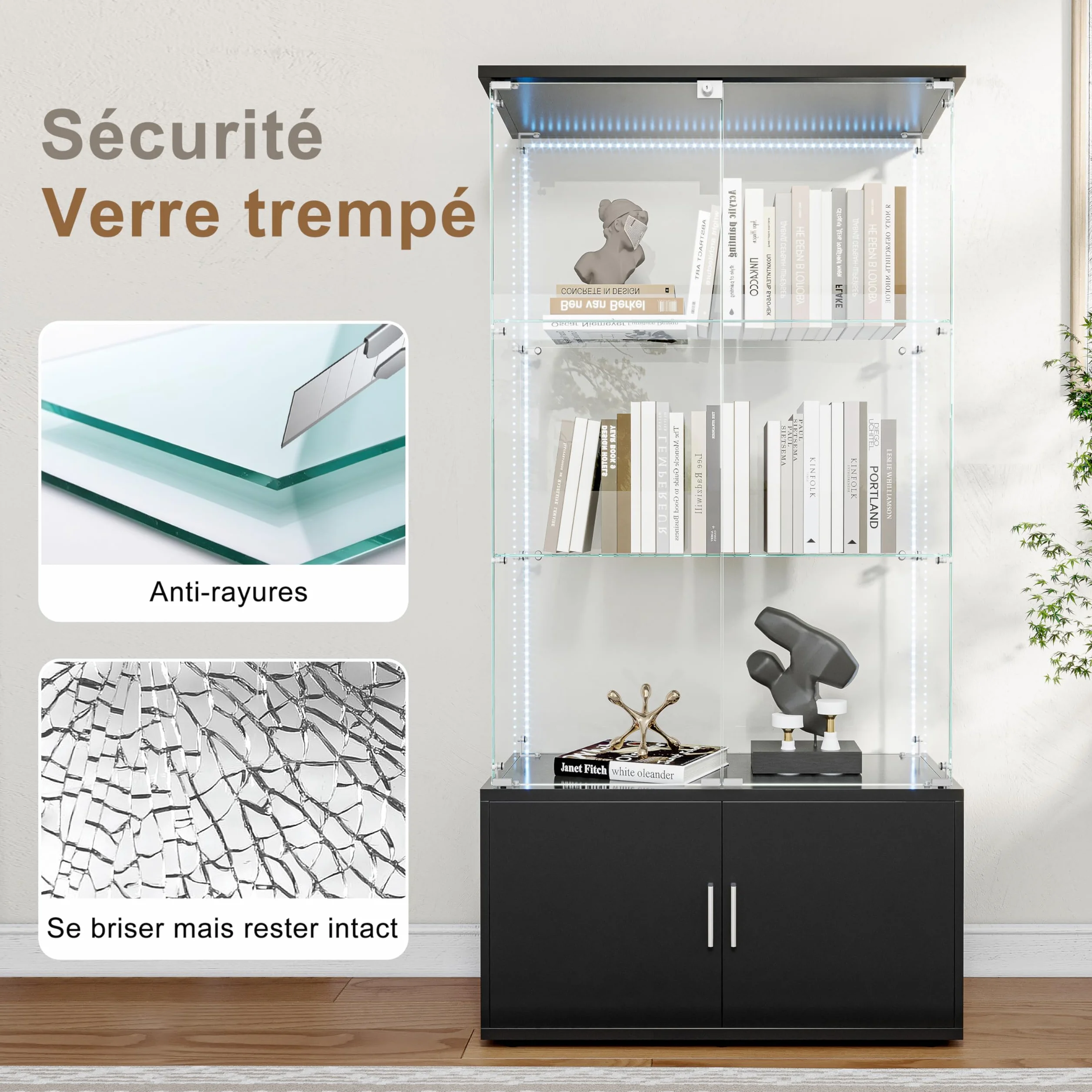 Vitrine en Verre avec 3 étagères et LED, Vitrine en verre sur pied avec 2 Portes et Base de Casier, Meuble Vitrine Verre pour Collection, pour Salon, Chambre, 78.5x35x164 cm (Noir + Bande LED)