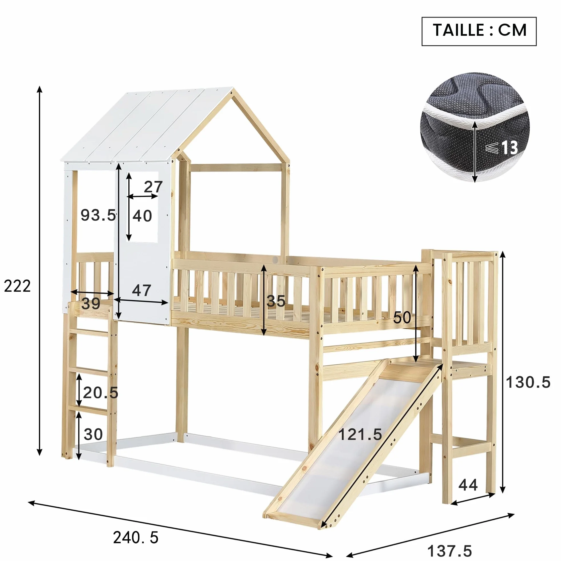Sapgaks Lit cabane Enfants 90 x 200,lit superposé Enfant antichute,lit Mezzanine 2 Places,avec échelle à Angle Droit et Toboggan, avec Toit et fenêtre,et Grille,Structure en pin,Naturel Blanc