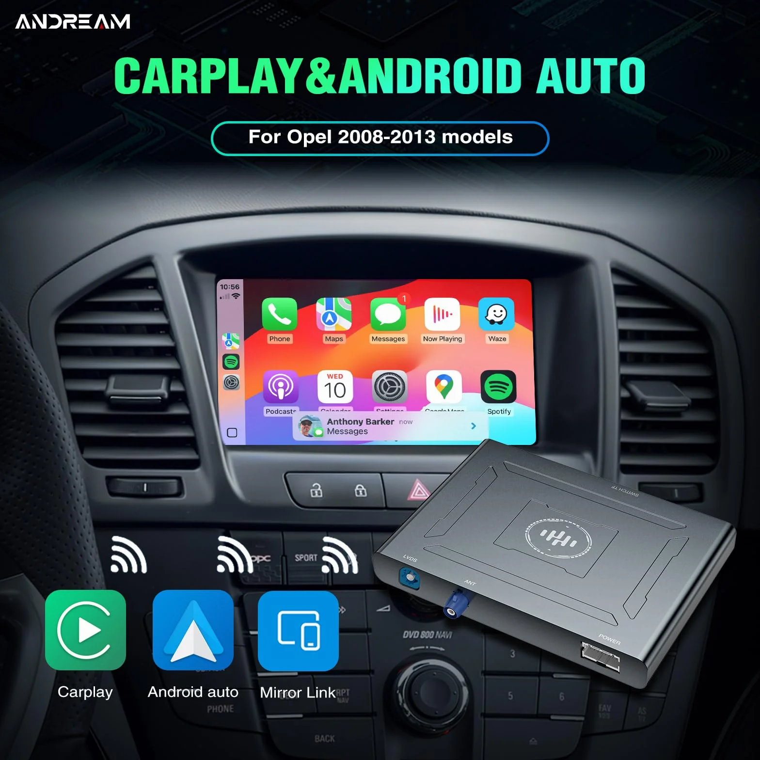 ANDREAM Plug & Play bezprzewodowy zestaw do modernizacji CarPlay i Android Auto - AirPlay, Mirror Link - pasuje do modeli Opel 2008-2016