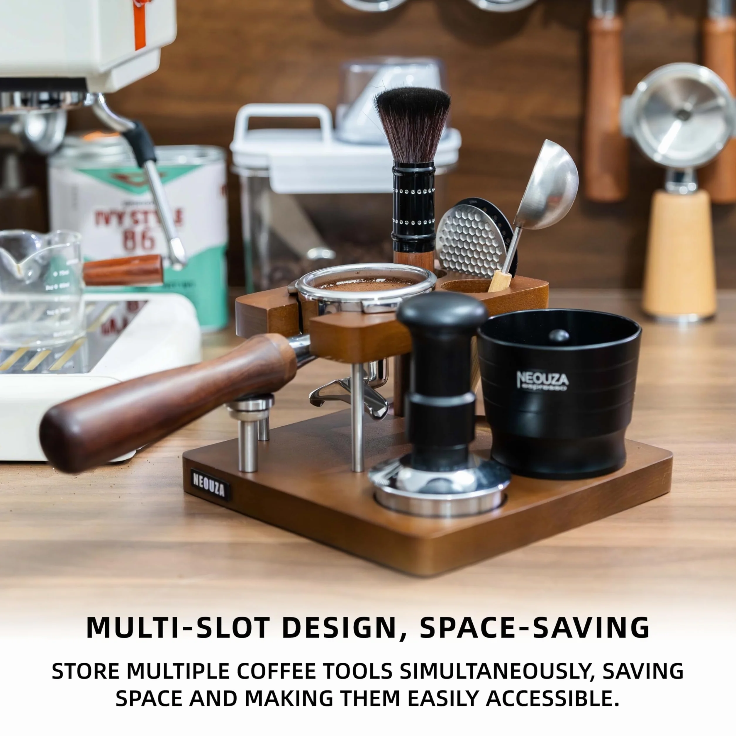 NEOUZA Station tassage 58mm 7-en-1 rangement, pour E61 et 58mm pro/domestiques, compatible Rancilio, Gaggia, Rocket, hauteur réglable, bois massif