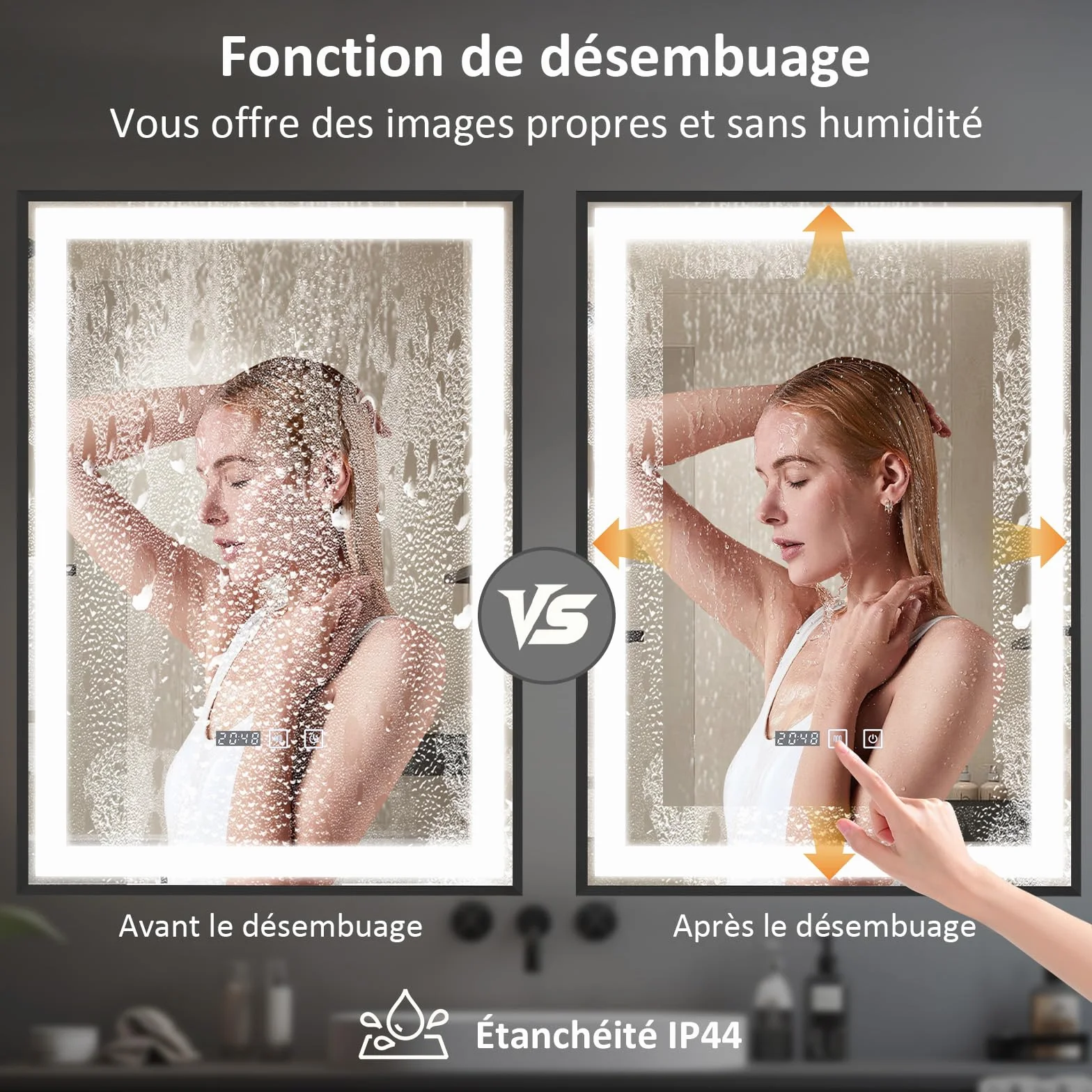 YOURLITE Miroir de Salle de Bain avec Éclairage LED 50x70cm, Fonction Antibuée Étanche Ip44 Lumière Chaude,Naturelle et Froide,Luminosité Réglables, avec Affichage Heure et Température
