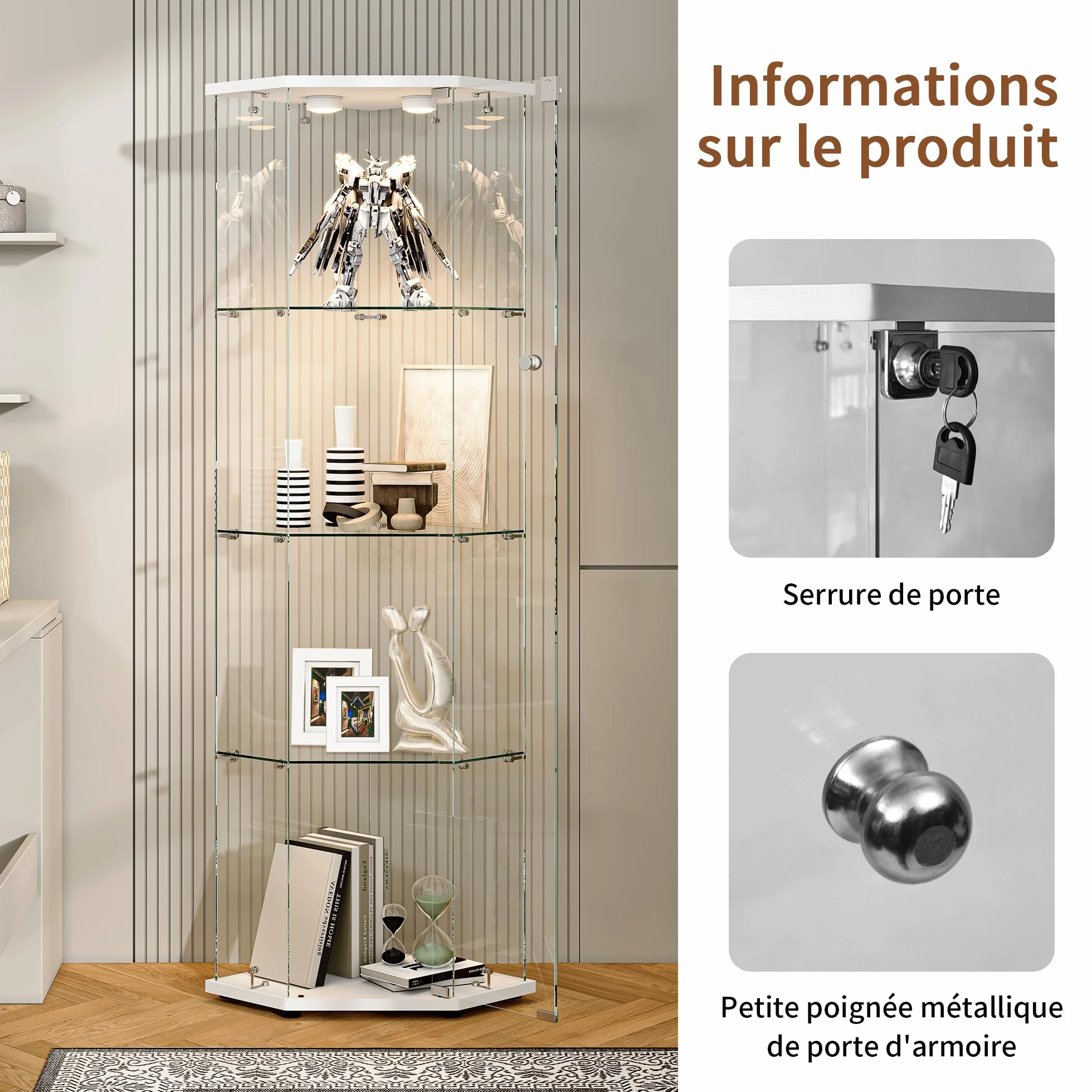 Vitrine en Verre,Vitrines d'angle en Verre avec LED,Hauteur de 162 cm Armoire de Collection en Verres à 4 Couches avec 1 Porte, vitrine trempé Transparent Moderne pour Salon, Chambre à Coucher, Bureau