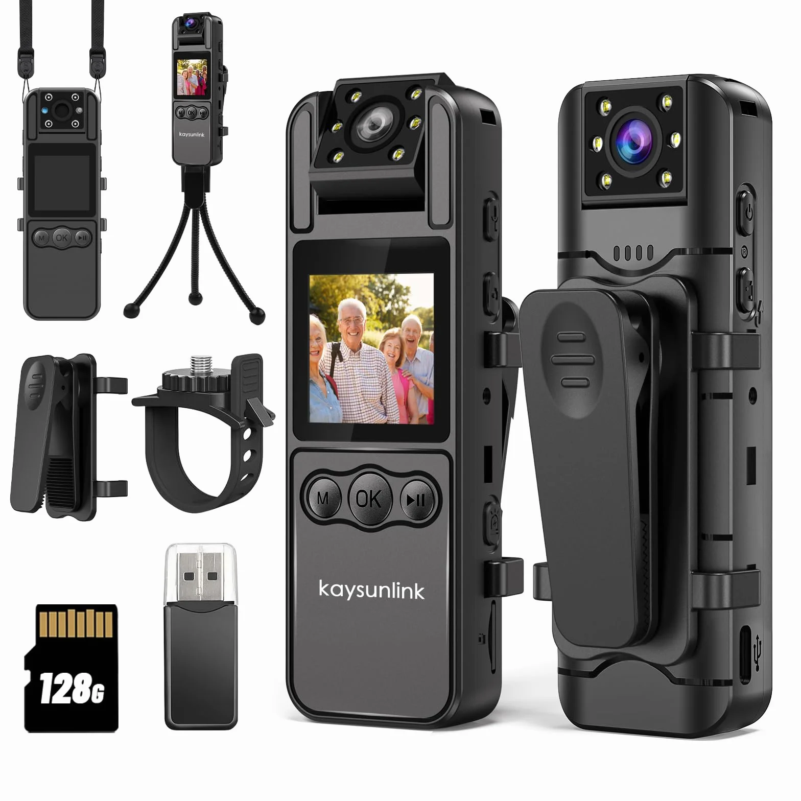 kaysunlink Kamera 1080P FHD z kartą 128 GB, obiektyw obracany o 180°, noktowizor, przenośna mini kamera policyjna, przenośna kamera osobista do uprawiania sportu, na zewnątrz, czarna