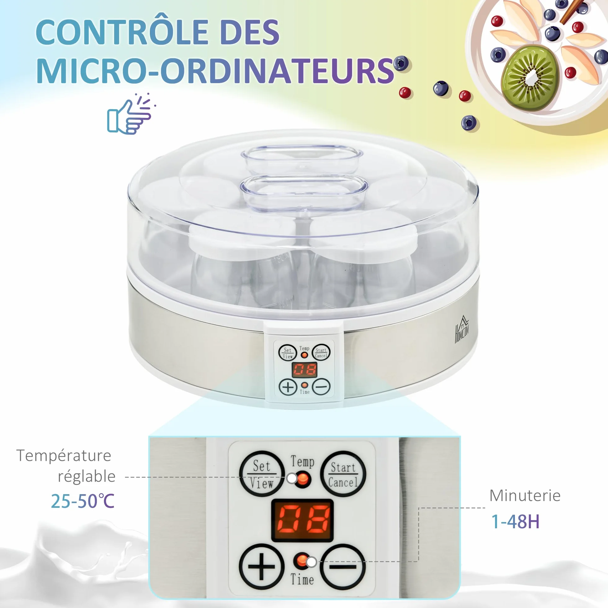 HOMCOM Yaourtière 7 Pots en Verre de 180ml, Machine à Yaourt Électrique en Acier Inoxydable avec Minuterie, Thermostat Réglable et Affichage LED pour Desserts Maison Sains, Blanc