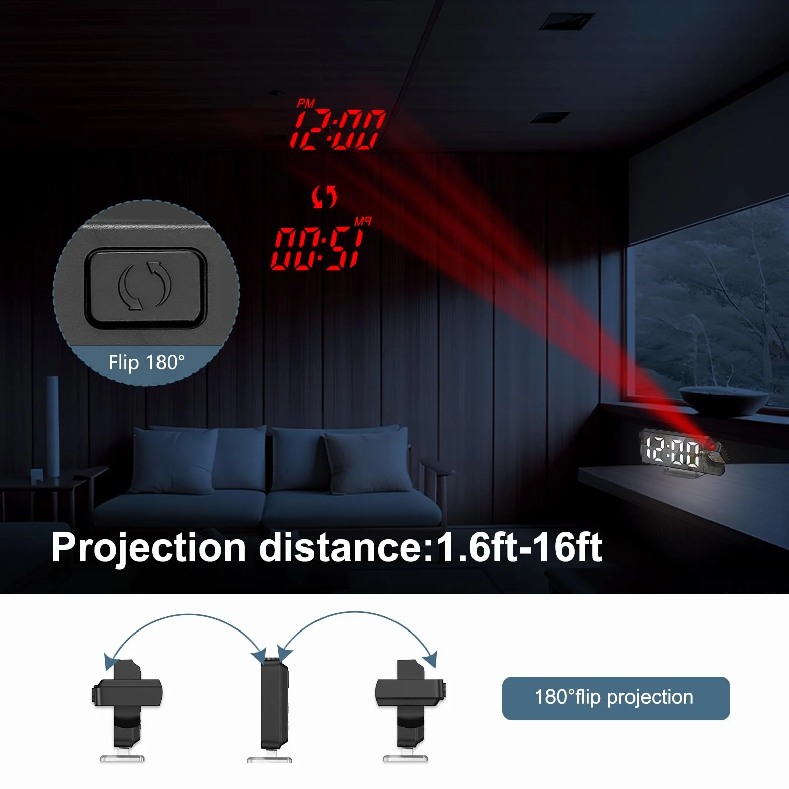 Réveil numérique à Projection avec température 180° Horloge de Table électronique Luminosité réglable Affichage 12/24 h