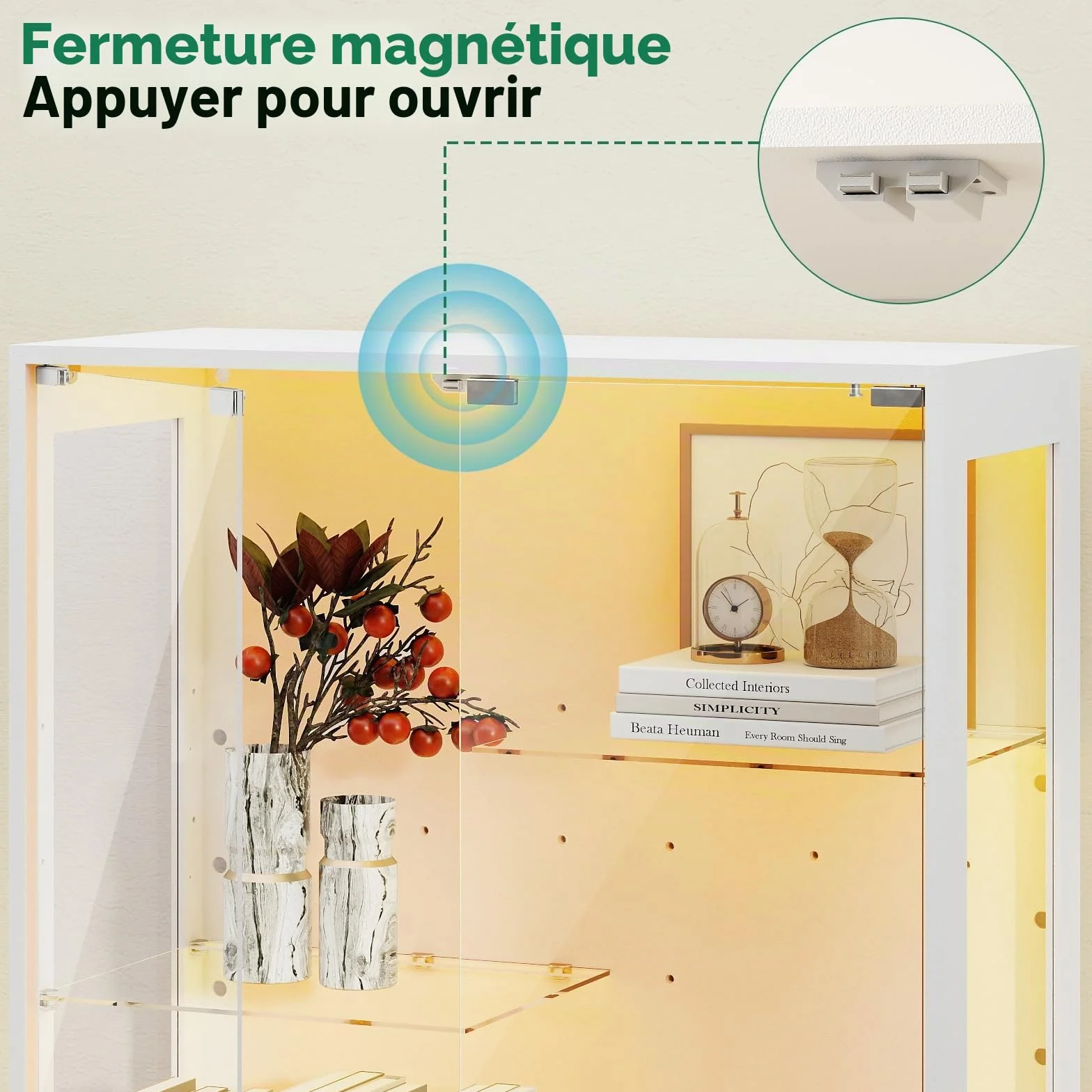 Lamtor Vitrine en Verre Debout, 175 cm, avec éclairage LED RVB, réglable en Hauteur, avec Verre trempé de sécurité et Fermeture magnétique, pour Les Collections dans Le Salon, Blanche