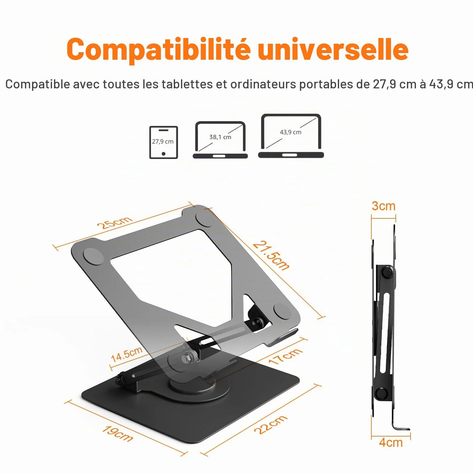 GRIFEMA GB1050 Support Ordinateur Portable Ergonomique Rotatif 360° Réglable en Hauteur Pliable Ventilé pour MacBook Air/Pro Dell Laptops 11-17 Pouces Noir