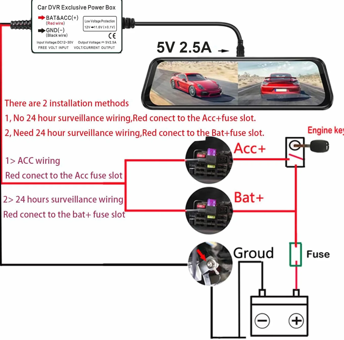 GUUZI 12V-24V do 5V/2,5A zestaw okablowania USB C do kamery samochodowej Ładowarka do kamery samochodowej Przewód zasilający do kamery samochodowej USB typu C, długość 320 cm