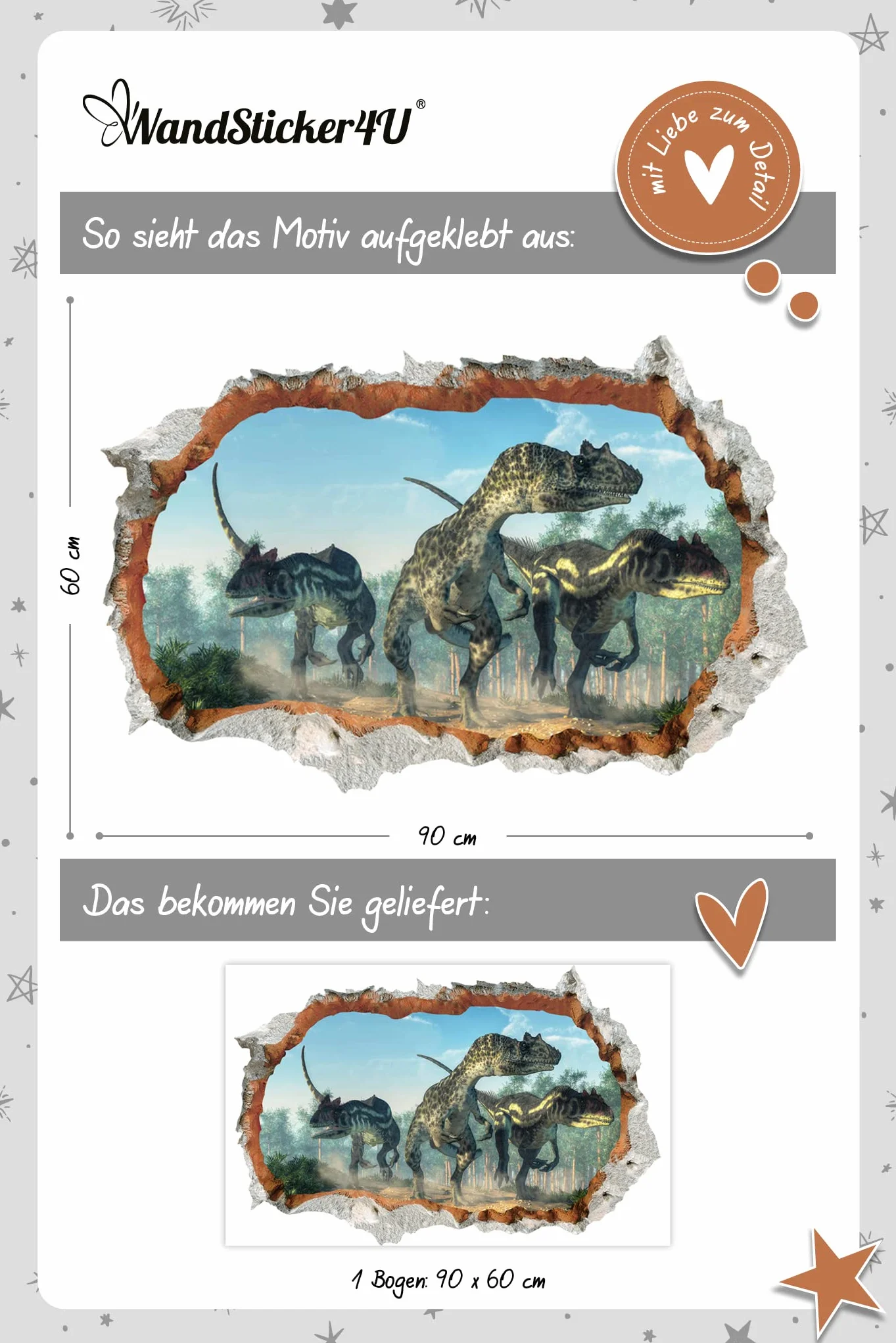 DINOSAURE 3D Autocollant mural XXL 60x90 cm Jurassic World Déco chambre garçon