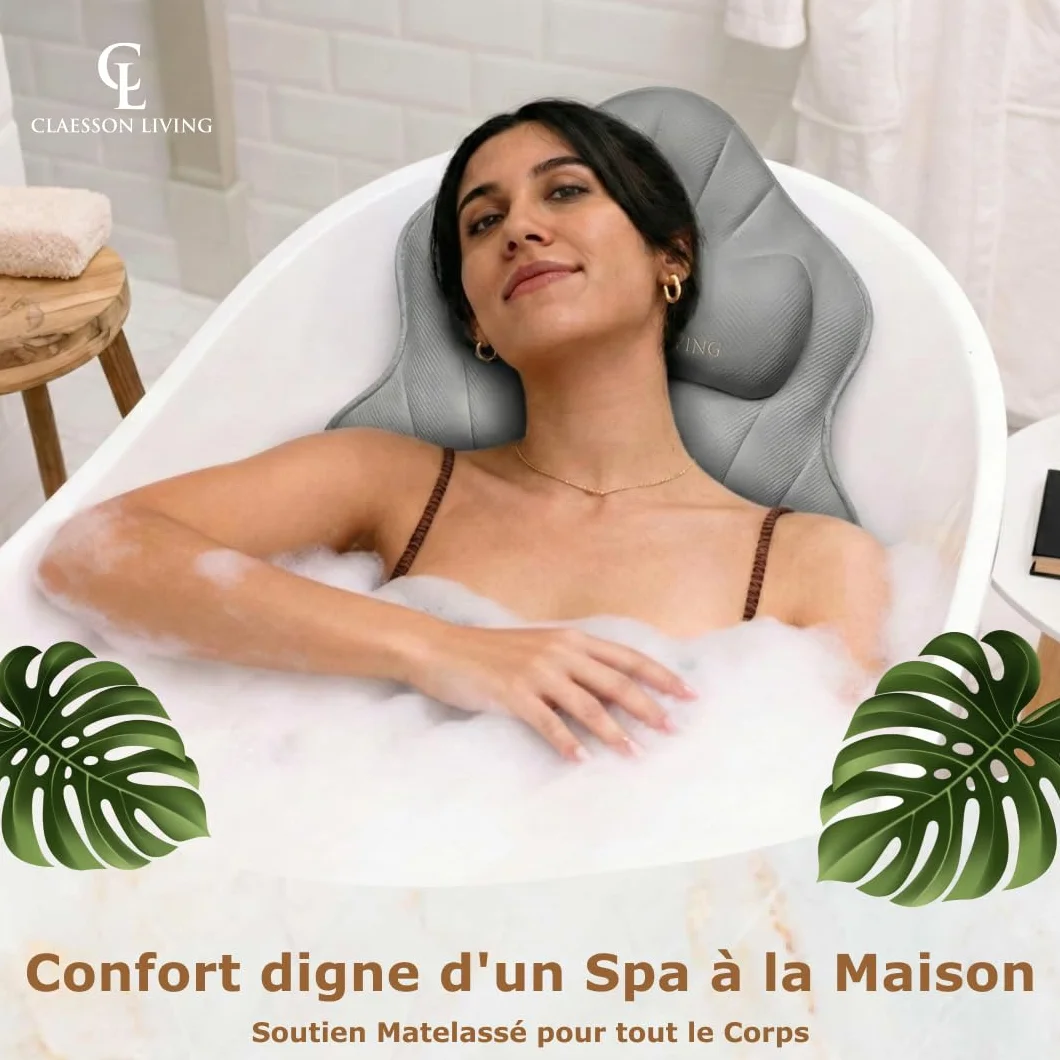 Coussin Baignoire Corps Complet Claessonliving (126x41cm) - Matelas de Bain avec appuie-tête (13cm) & Supports Corps - Coussin Baignoire Adulte - Oreiller Baignoire - Sacs de Lavage Inclus - Gris