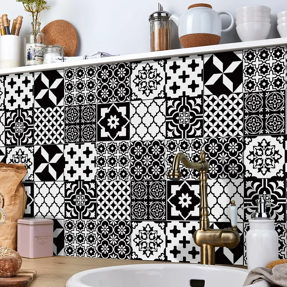 Autocollants de carrelage 3D imperméables 10x10 cm noir et blanc écailles de poisson pour cuisine salle de bain