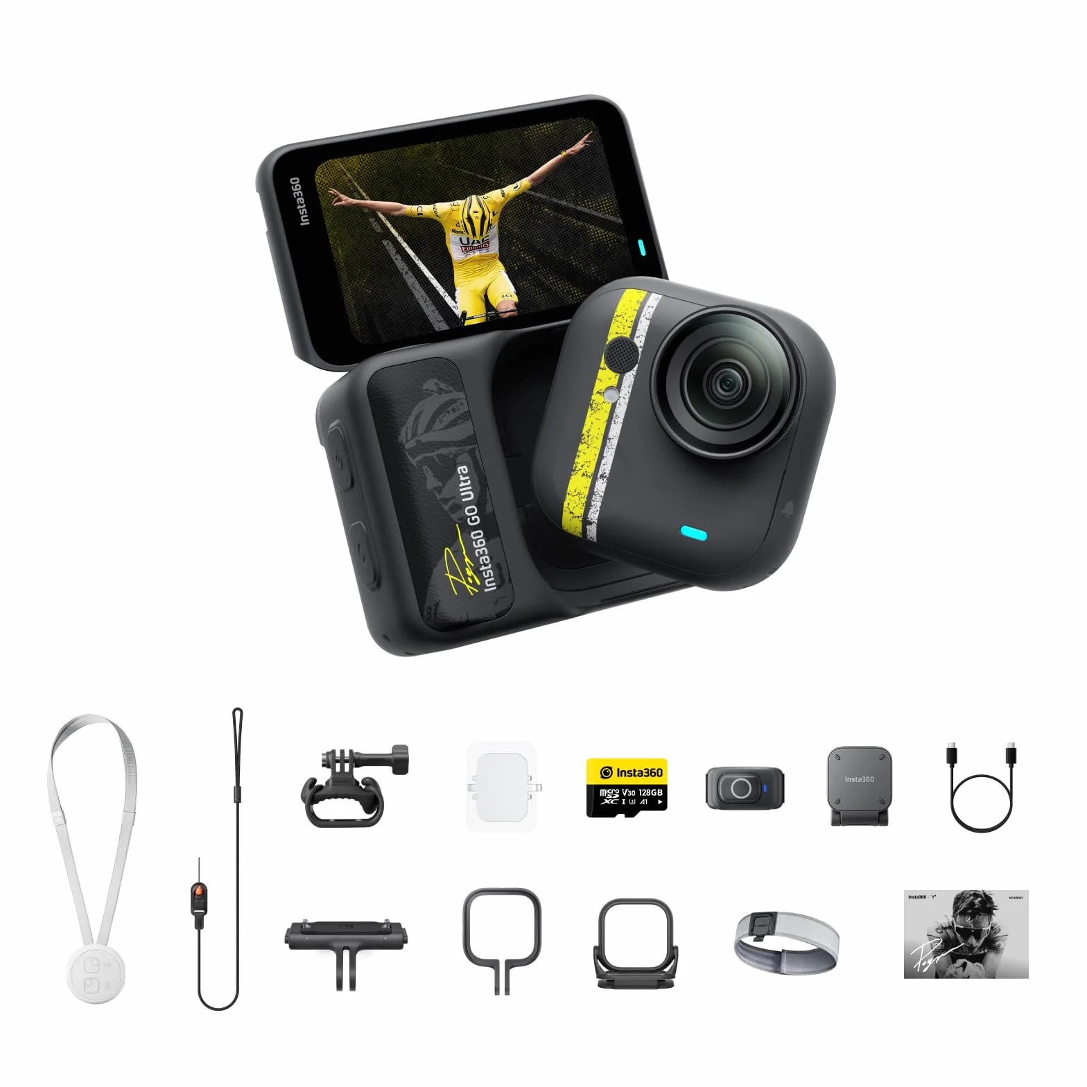 Insta360 GO Ultra Edycja Tadej Pogačar – Mała kamera do vloggingu 4K, do użytku bez rąk, kamera POV, czujnik 1/1,28", 53 g, 156° kąt widzenia, 200 min czasu pracy, magnetyczna przenośna kamera