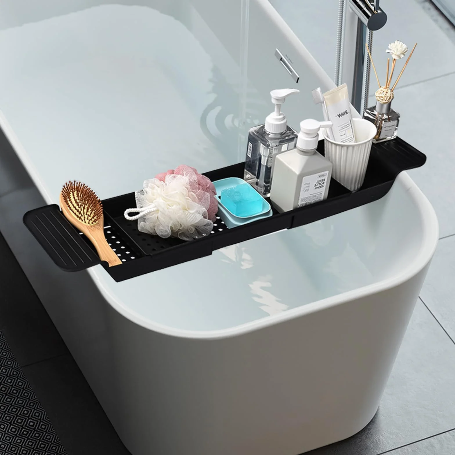 Plateau de Baignoire en Plastique Extensible Noir avec Design d'écoulement pour Verres à vin