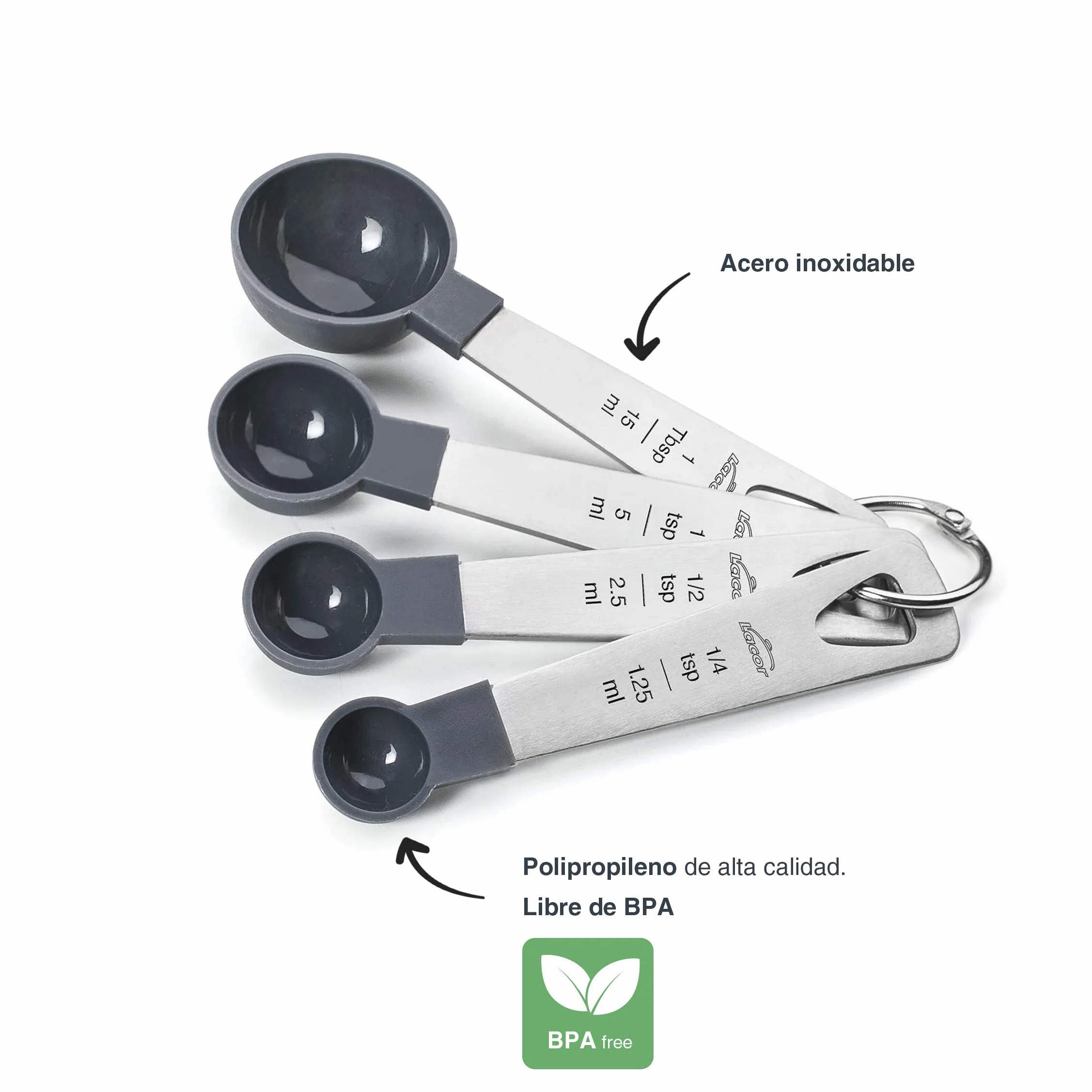LACOR Ensemble 4 Cuillères à Mesurer en Acier Inoxydable et PP, Empilable, Sans BPA, Gris