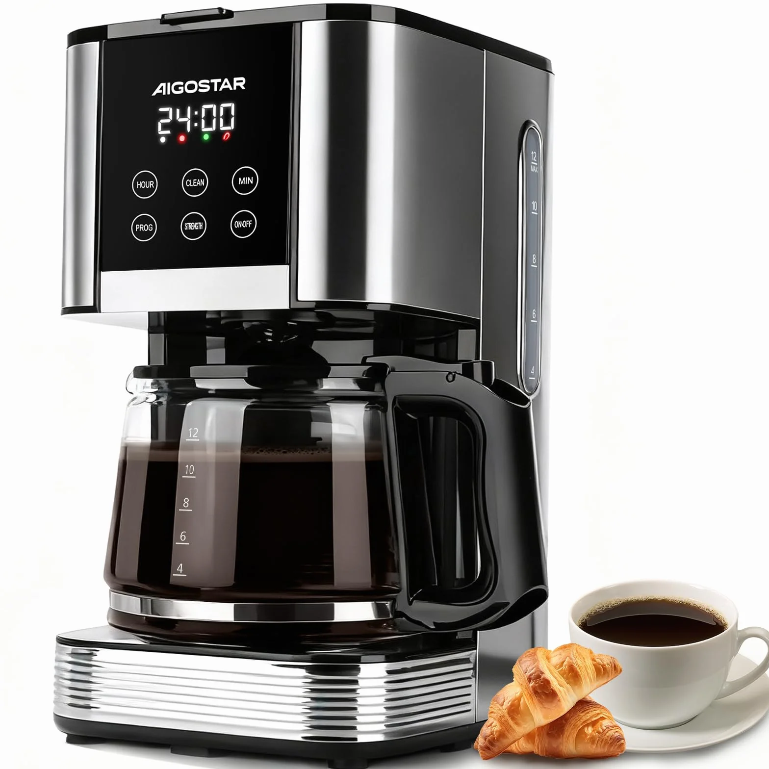 Aigostar Cafetière Filtre Électrique Programmable 24h 12 Tasses 1,5L Acier Inoxydable Réglage Intensité Écran LCD Anti-Goutte Maintien Chaud Auto-Nettoyage 1000W,0% BPA,Noir