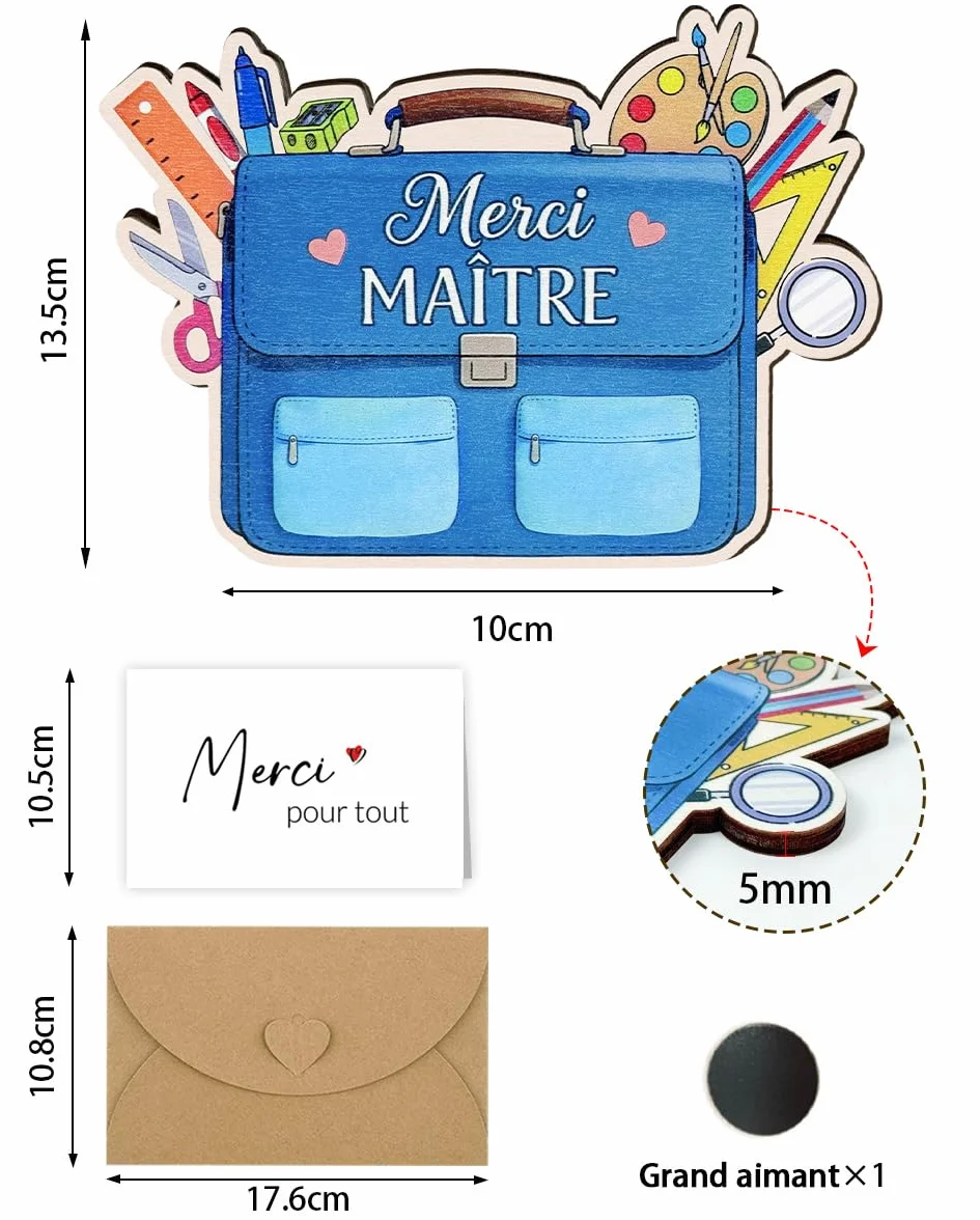 Magnet en Bois Merci Maitre d'école avec Carte de Vœux et Enveloppe, Cadeau Original Homme Professeur