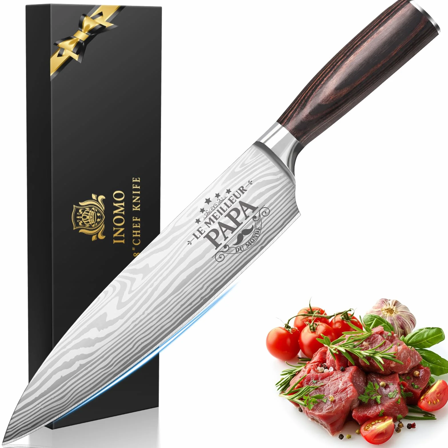 INOMO Couteau Chef Personnalisé Fête des Pères, Couteau de Cuisine Inoxydable Manche Ergonomique