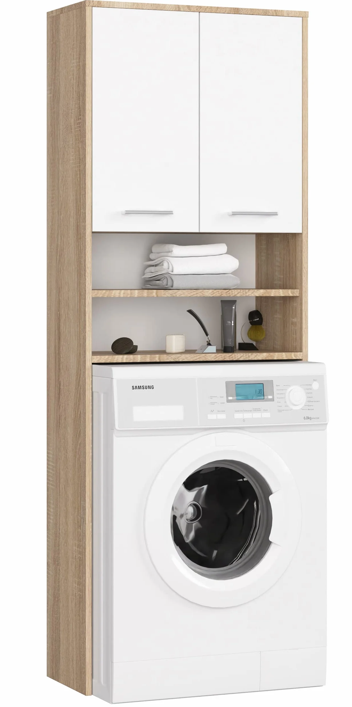 AKORD Meuble Buanderie Machine à Laver | L64 x H180 x P30 cm Poids 30 kg | Meuble pour Lave Linge avec Étagère 2 Portes 2 Casiers de Rangement Machine a Laver | Meubles de Salle de Bain