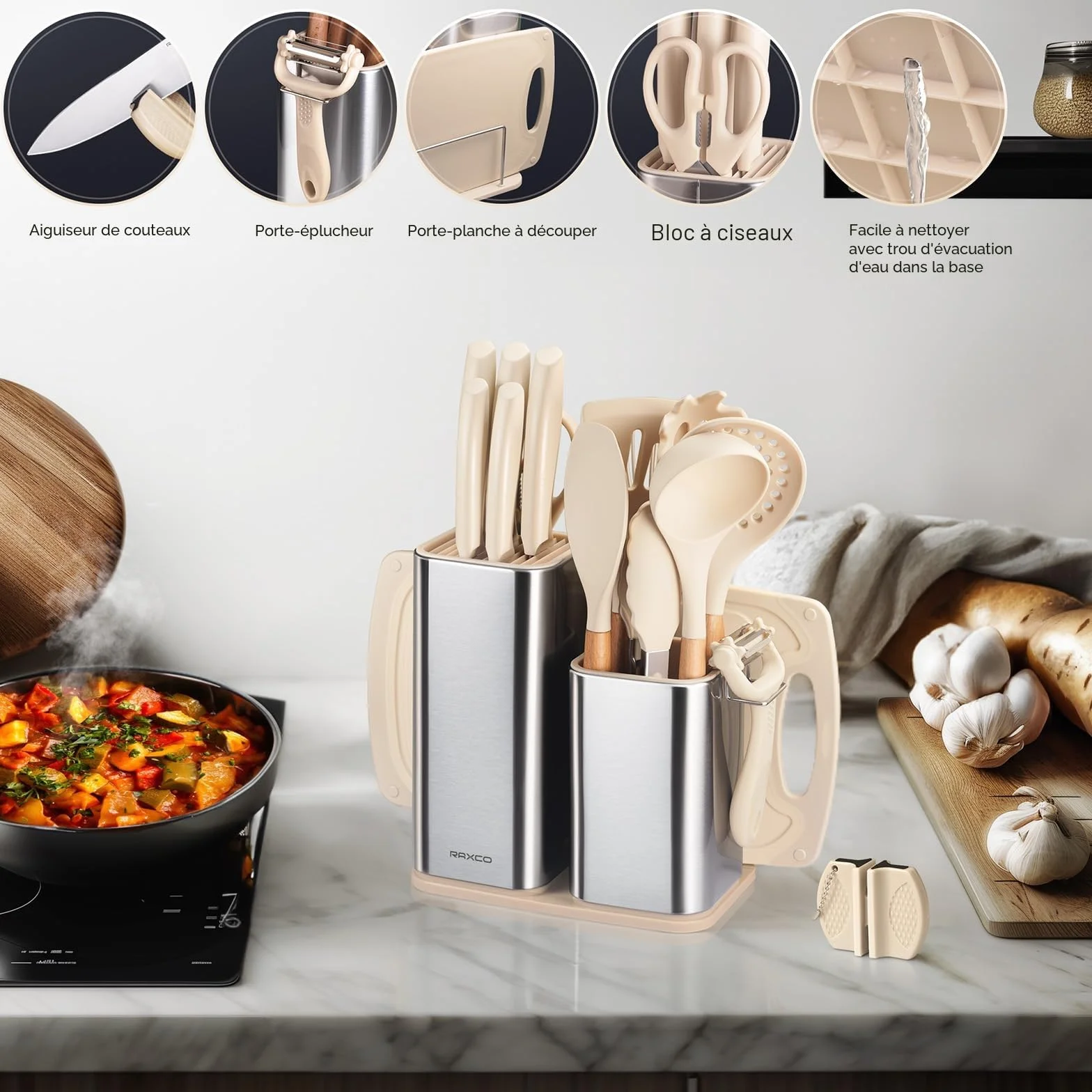 RAXCO Lot de 18 pièces couteaux de cuisine avec bloc, ustensiles et spatules silicone