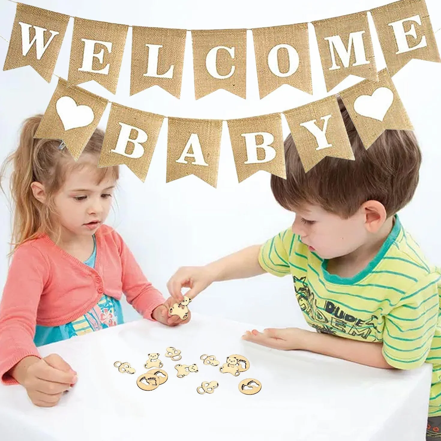 Drapeau Machaon Bannière Bienvenue Bébé Toile Jute Décoration Baby Shower 1 Pièce 50 Pièces Sciure Bois