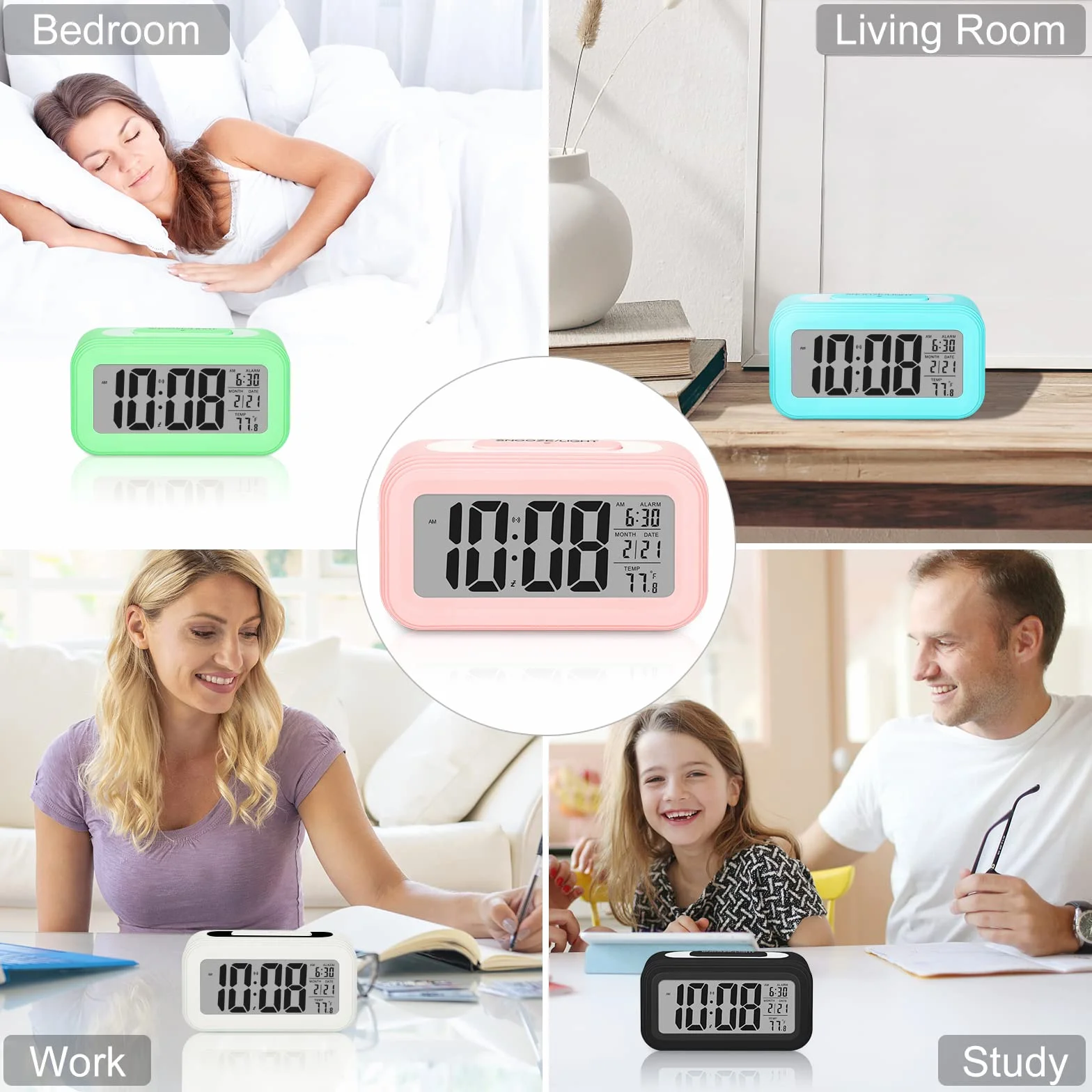 Réveil Numérique LED Silencieux avec Snooze Date Température, Rose