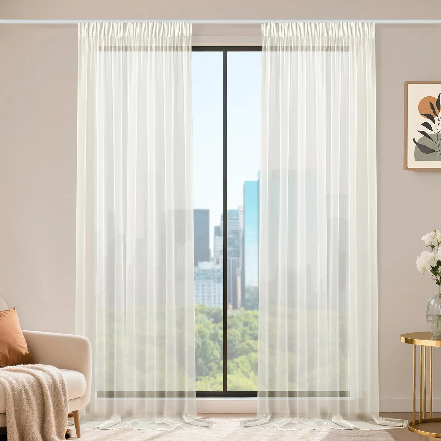 Lot de 2 Rideau Voilage Fenetre Beige 140x245 cm Transparent Moderne Cuisine Salon Chambre