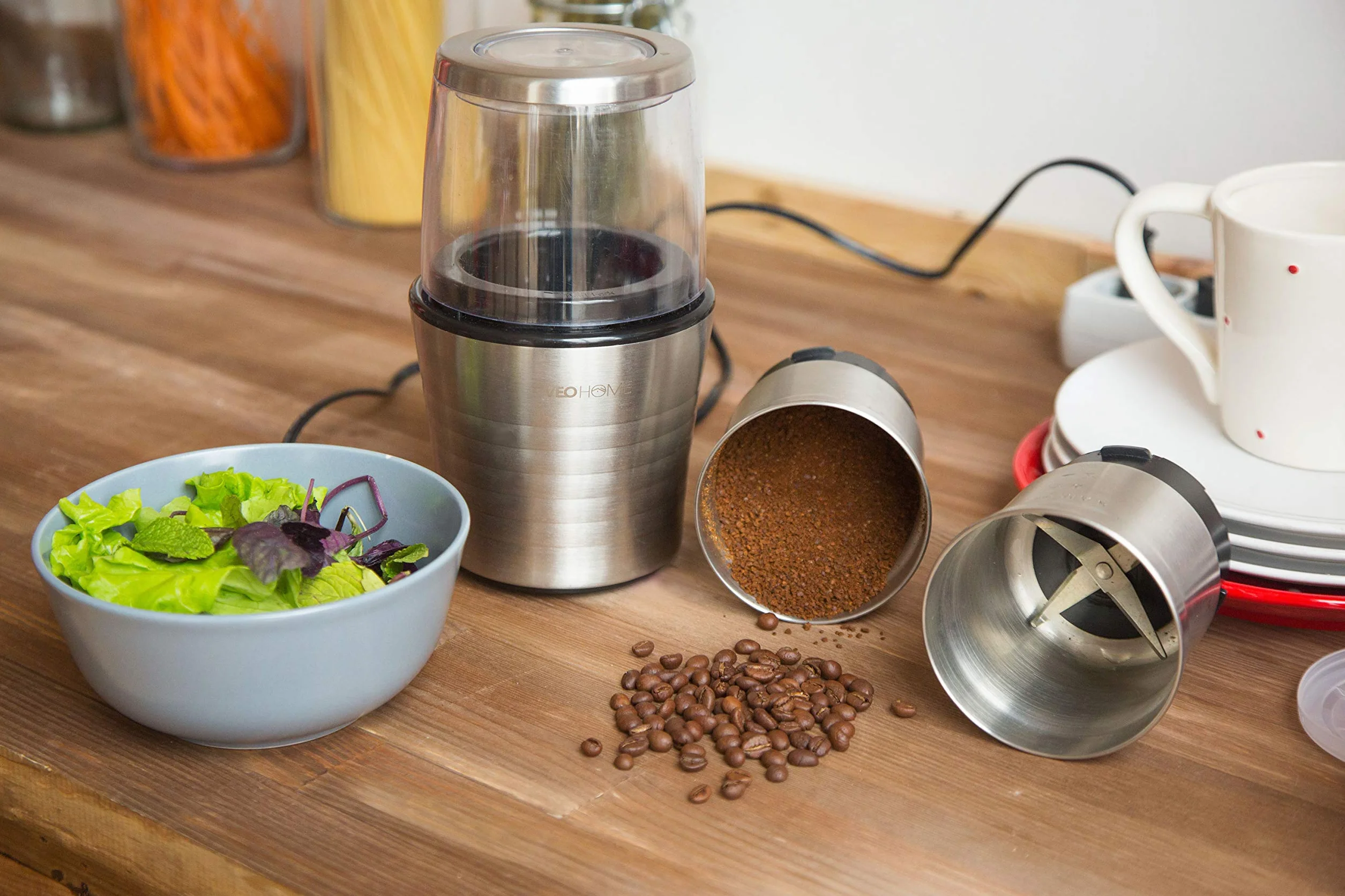 Moulin à café et mixeur électrique VeoHome broyeur pour grains de café, graine de lin et autres épices - inox