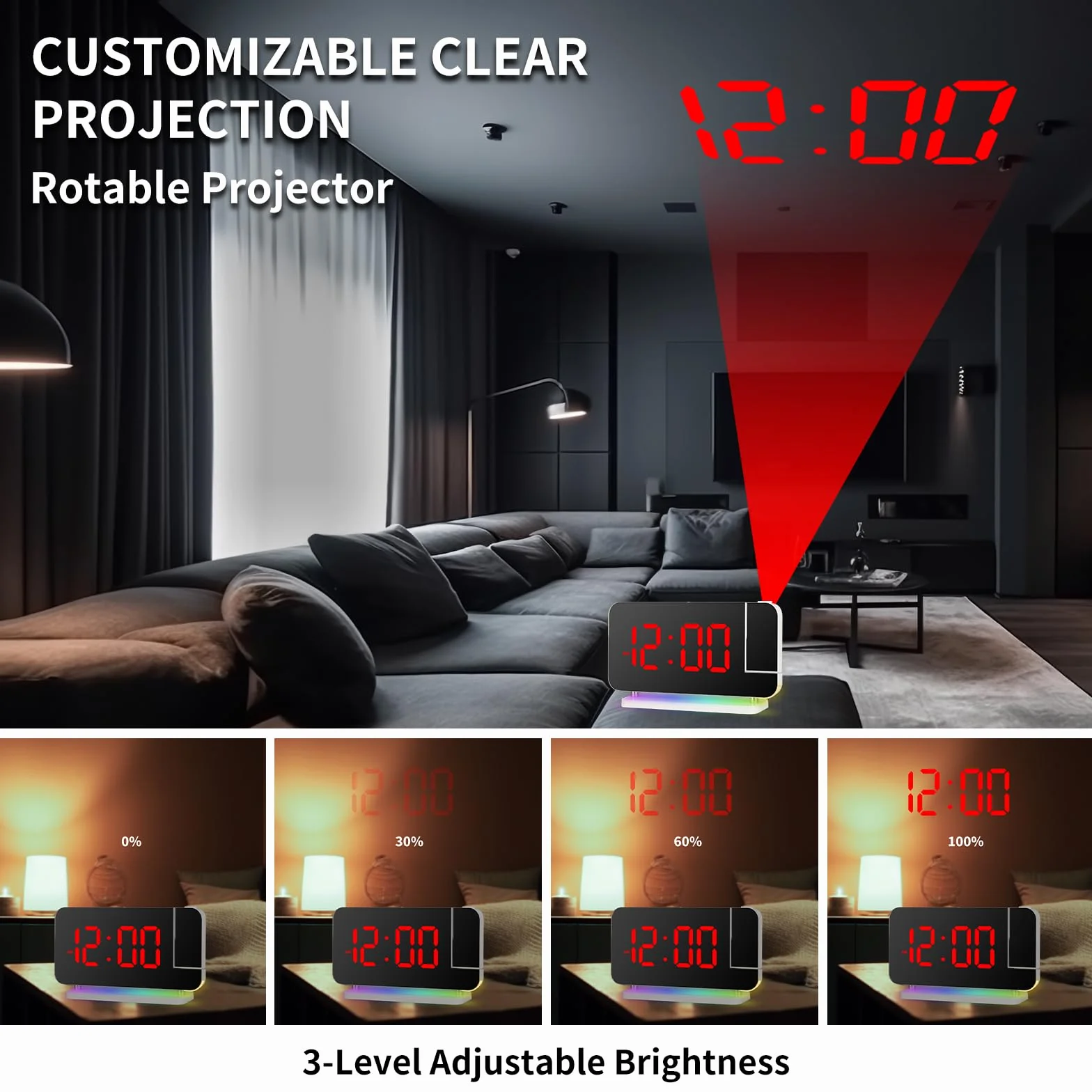 Horloge Projection Numérique LED RGB Réveil Lumière d'Ambiance 7 Couleurs avec Adaptateur