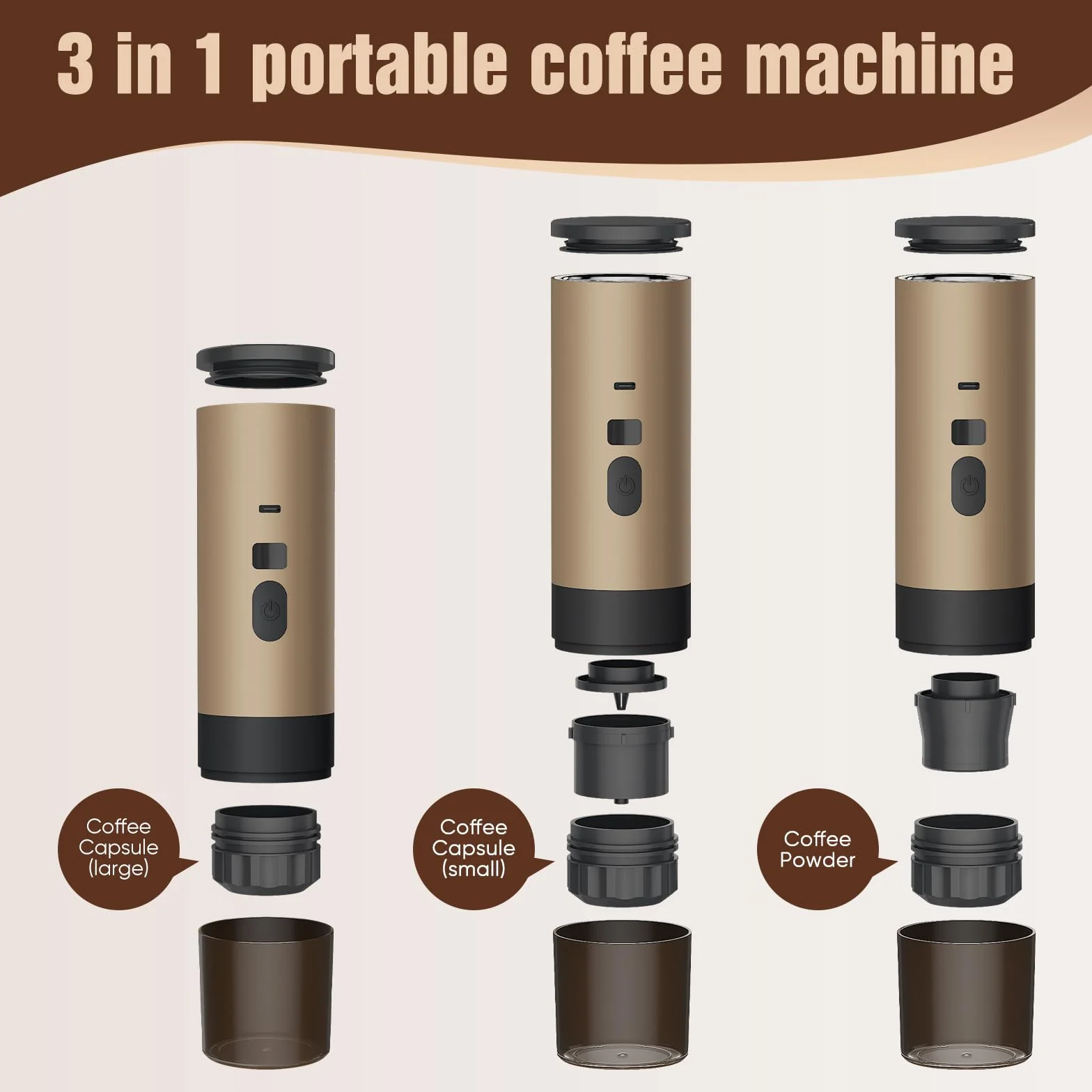 3 En 1 Machine à Cafe Portable, 72W CafetièRe Portable, 12V Expresso CafetièRe Rechargeable, USB CafetièRes Expresso à Capsules, RéServoir D'Eau 90ml, Pour Bureau Camping Voiture Voyage (Khaki)