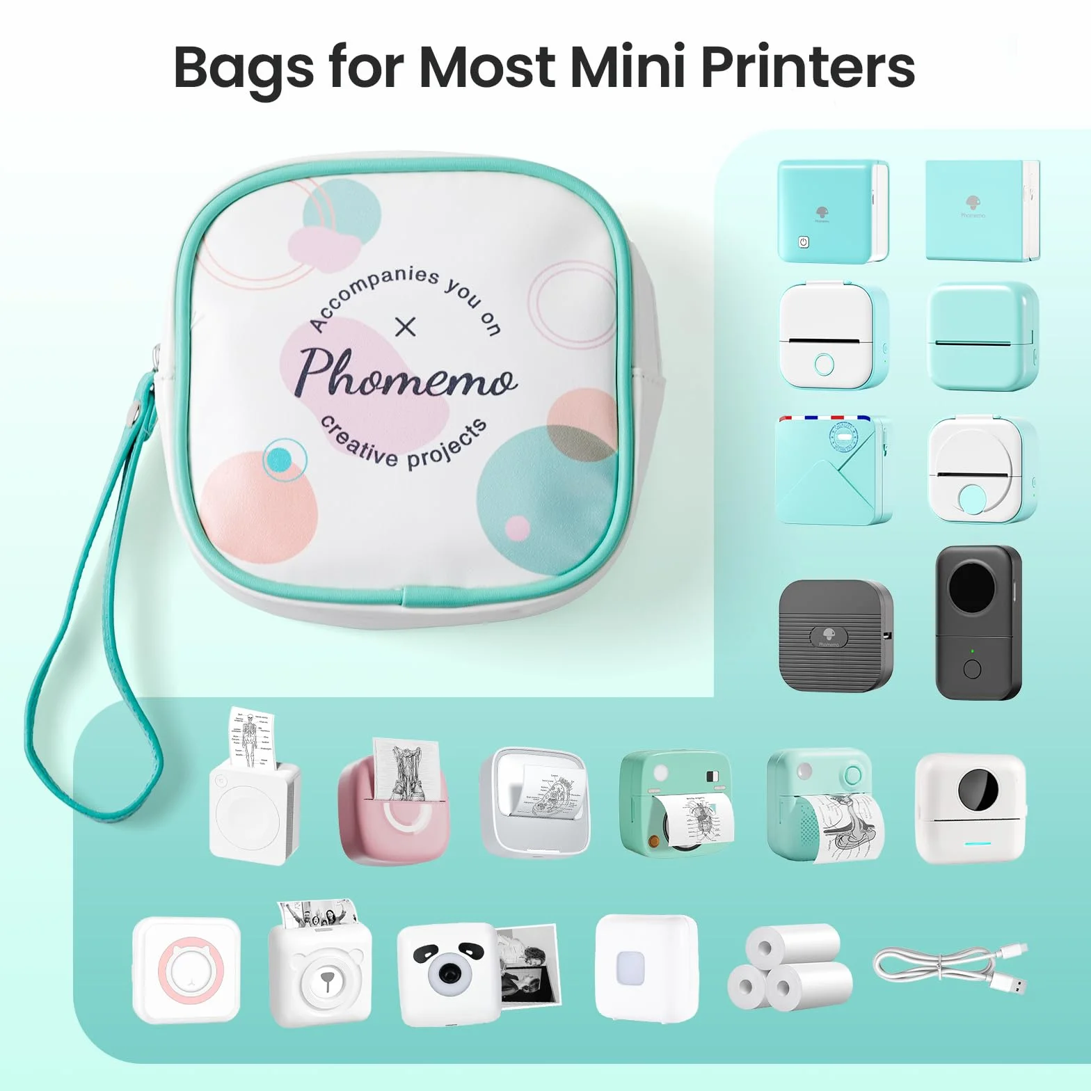 Torba Phomemo kompatybilna z mini drukarkami T02, M02, M02Pro, M02S, M02X, M02L, drukarkami etykiet D30, Q30, Q31, Q30S, ze skóry PU, wodoodporna, z zamkiem błyskawicznym i paskiem na nadgarstek