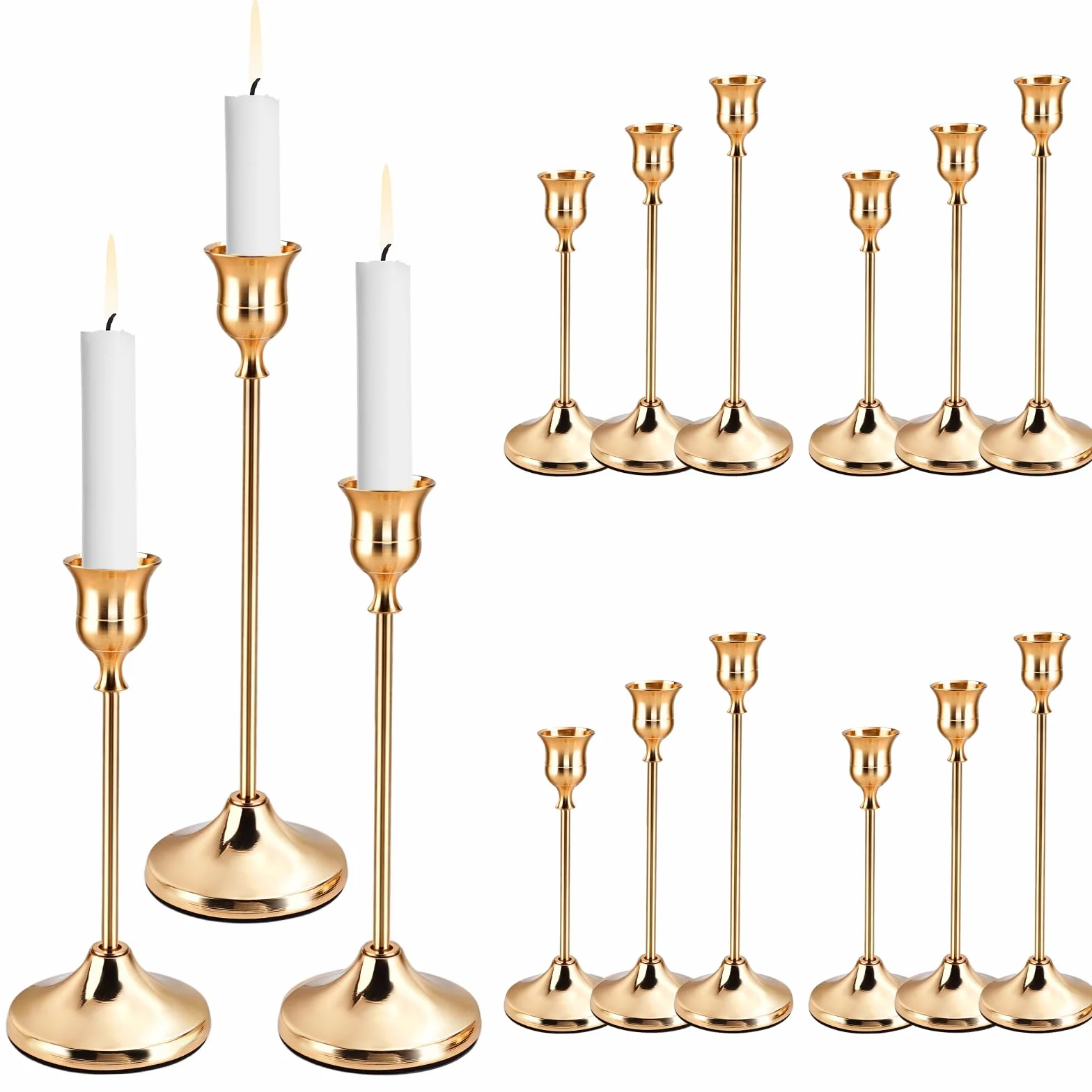 15 pièce 3 Tailles de Bougeoirs Coniques Dorés Bougeoir Décoratif Chandelier en Métal Ensemble de Bougeoirs pour la Décoration Intérieure Mariage Salle à Manger Fête Anniversaire
