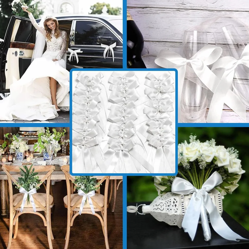 50 Noeuds Voiture Mariage Ruban Satin Noeuds d'Antenne Facile Attacher - Blanc 25x12cm