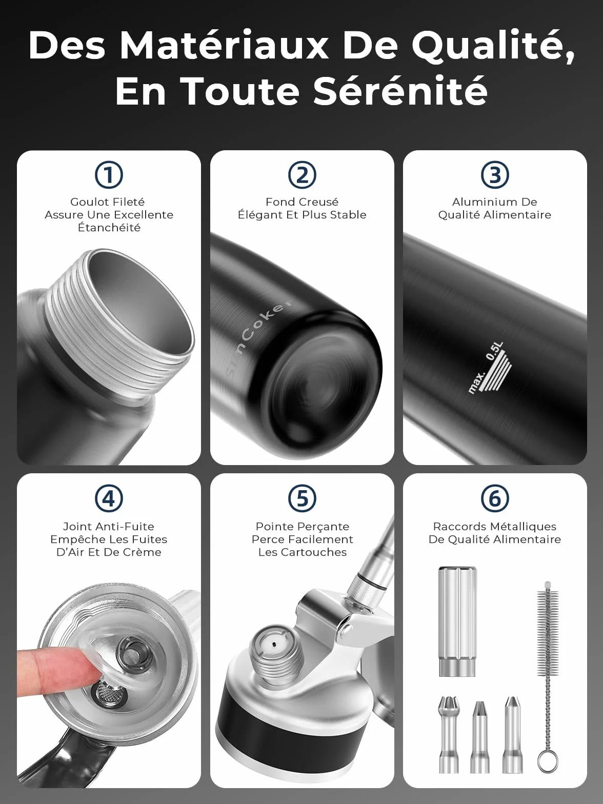 Professionnel Distributeur Crème Fouettée Aluminium 500 ml Siphon Anti-Fuite 3 Embouts Décoration Qualité Alimentaire