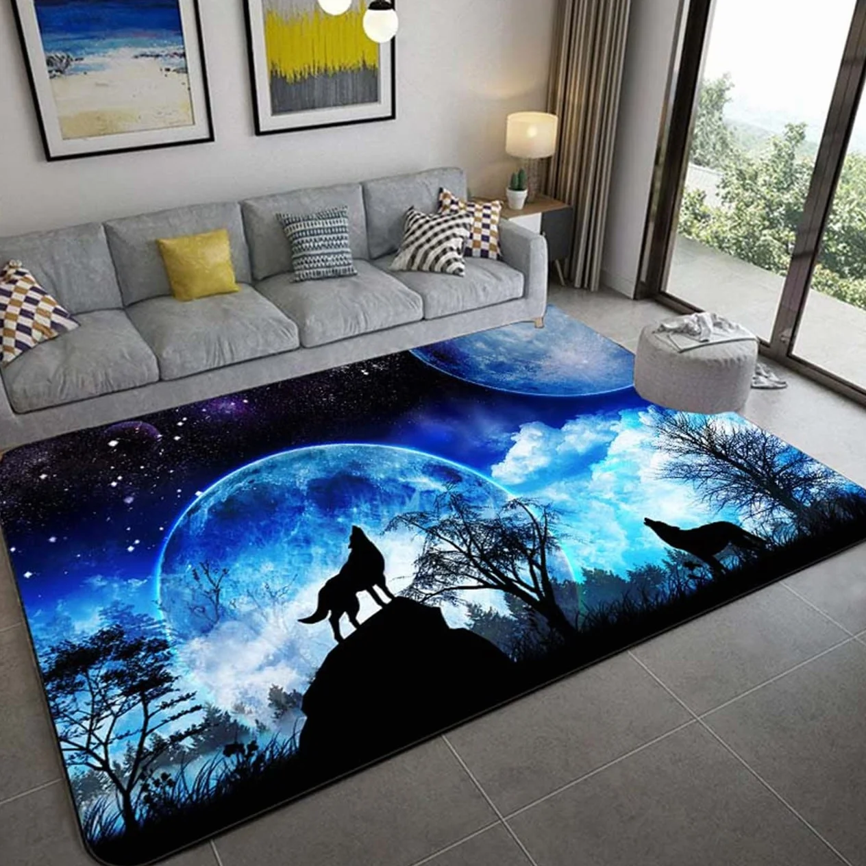 Tapis Imprimé Loup Flanelle Antidérapant 100x150 cm Salon Chambre Décoration Maison Moderne