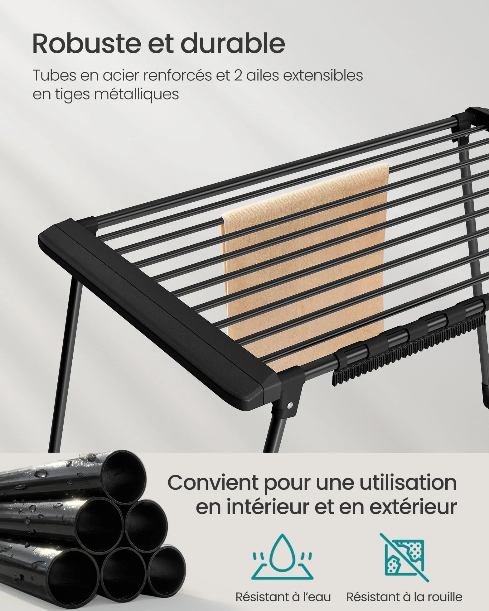 SONGMICS Étendoir à Linge, Séchoir sur Pied, Ailes Extensibles, 22 m de Longueur d’Étendage, avec Porte-Chaussettes, Pliable, Noir LLR522BH01