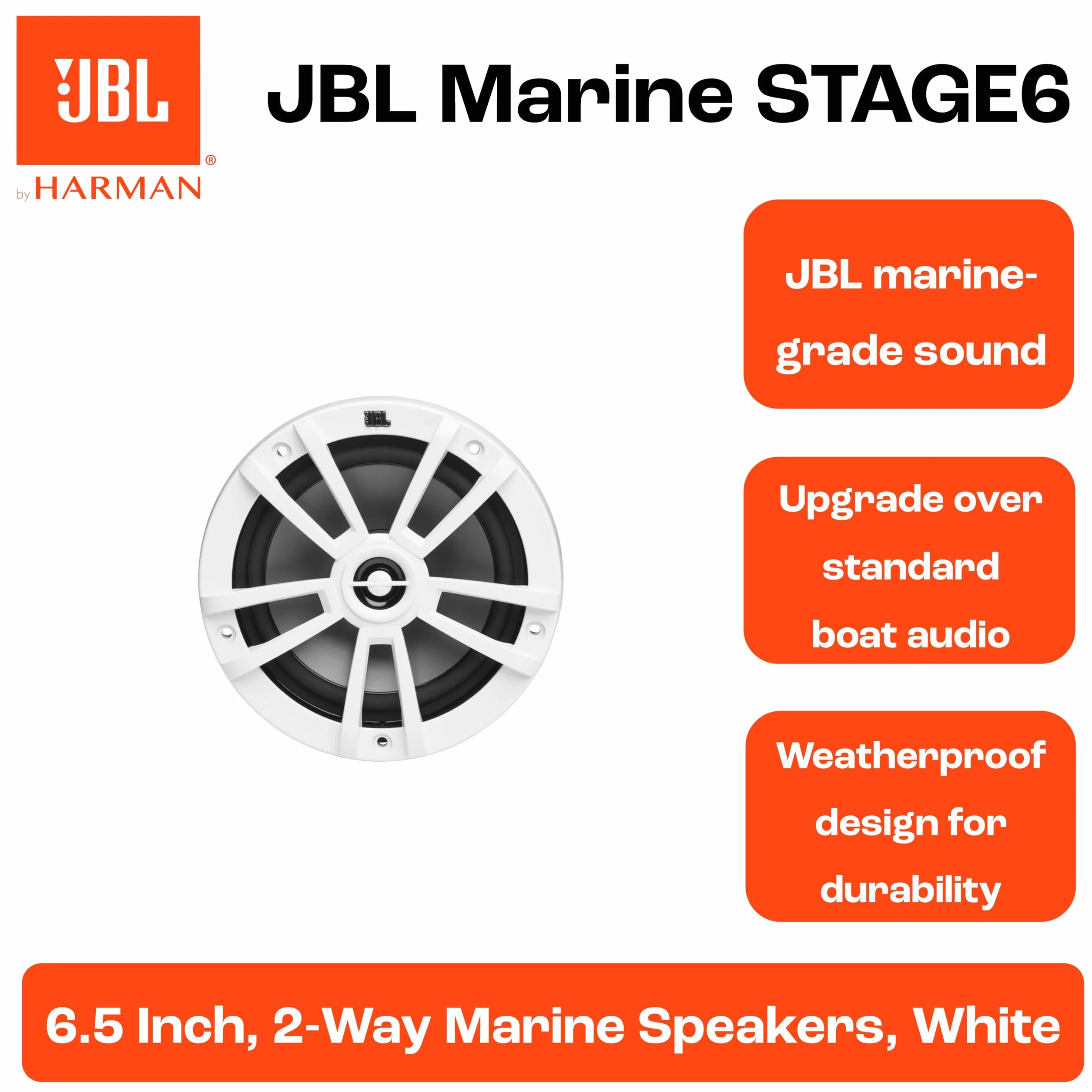 JBL Stage Marine Wodoodporny głośnik 6-1/2" (160mm) - 180 W Dwukierunkowe głośniki morskie do łodzi - Zabytkowe podtynkowe odporne na promieniowanie UV i słoną wodę - Kolor: Biały