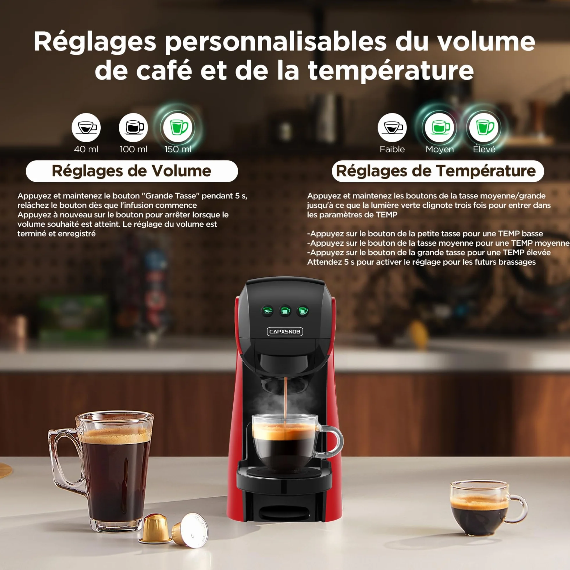 Warriors1 Machine à Café Capsule 5en1 pour Nespresso, Dolce Gusto, Lavazza A Modo Mio, FAP Espresso Point et Café Moulu, 20 bar, 0,8L, Température et Quantité Réglables, Compacte pour Maison et Bureau