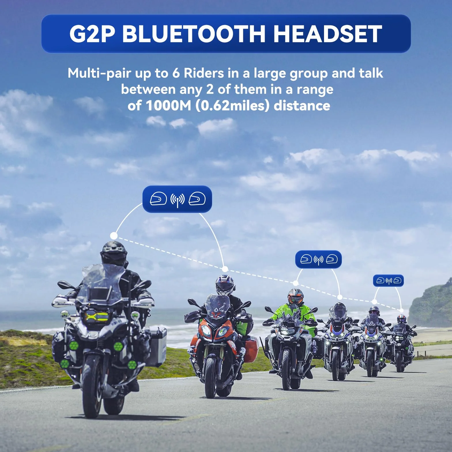 LEXIN G2P Motocyklowe Zestawy Słuchawkowe Bluetooth, 2-6 osób Motocyklowy System Komunikacji Bluetooth Domofon,Waterproof, FM Radio, Pojedyncze opakowanie