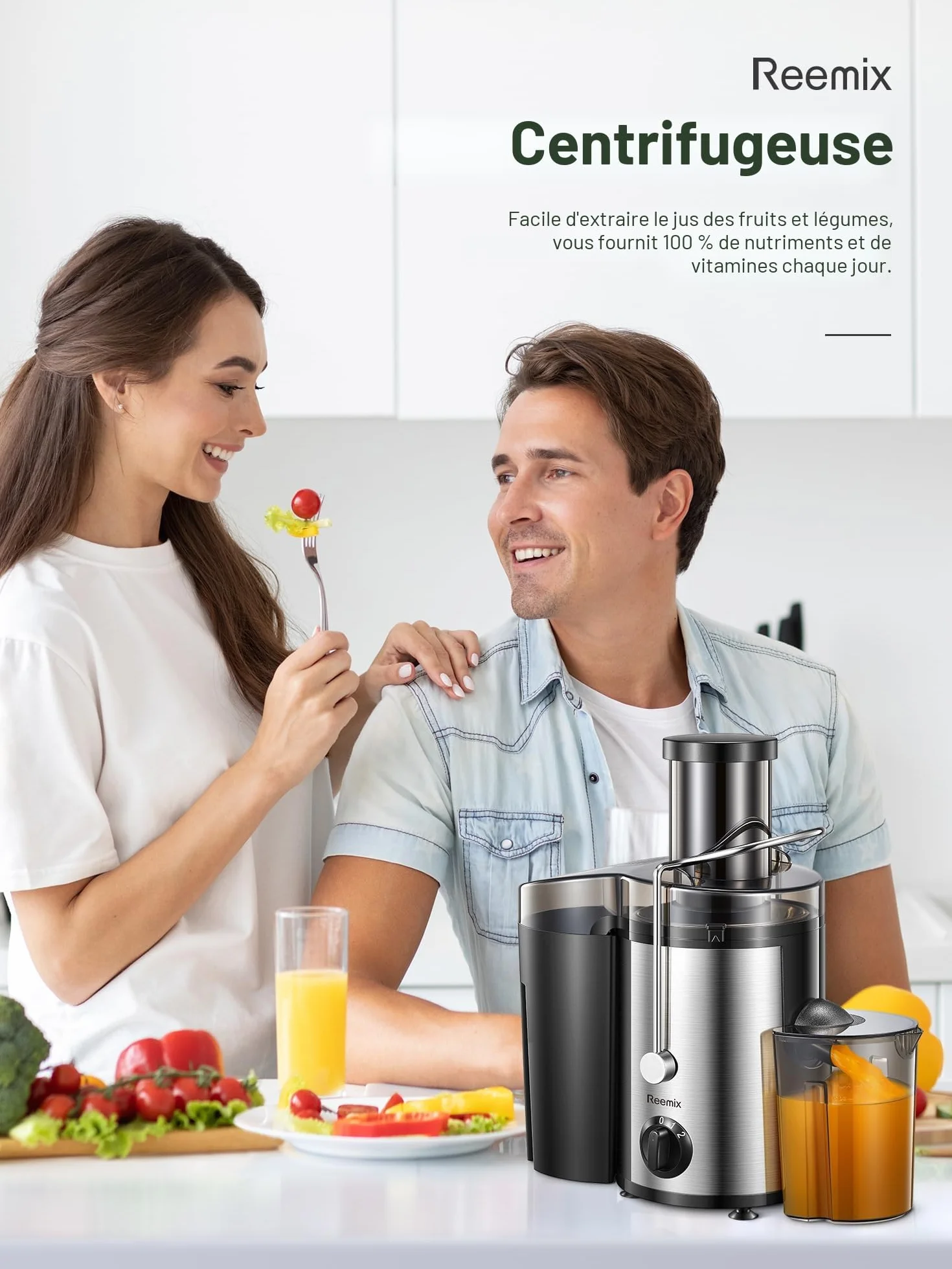 Reemix Centrifugeuse Extracteur de Jus, Centrifugeuse Fruits et Legumes à 2 Vitesses, 65 MM Large Bouche, Pieds Antidérapants, Brosse de Nettoyage Incluse (Noir, 800W)